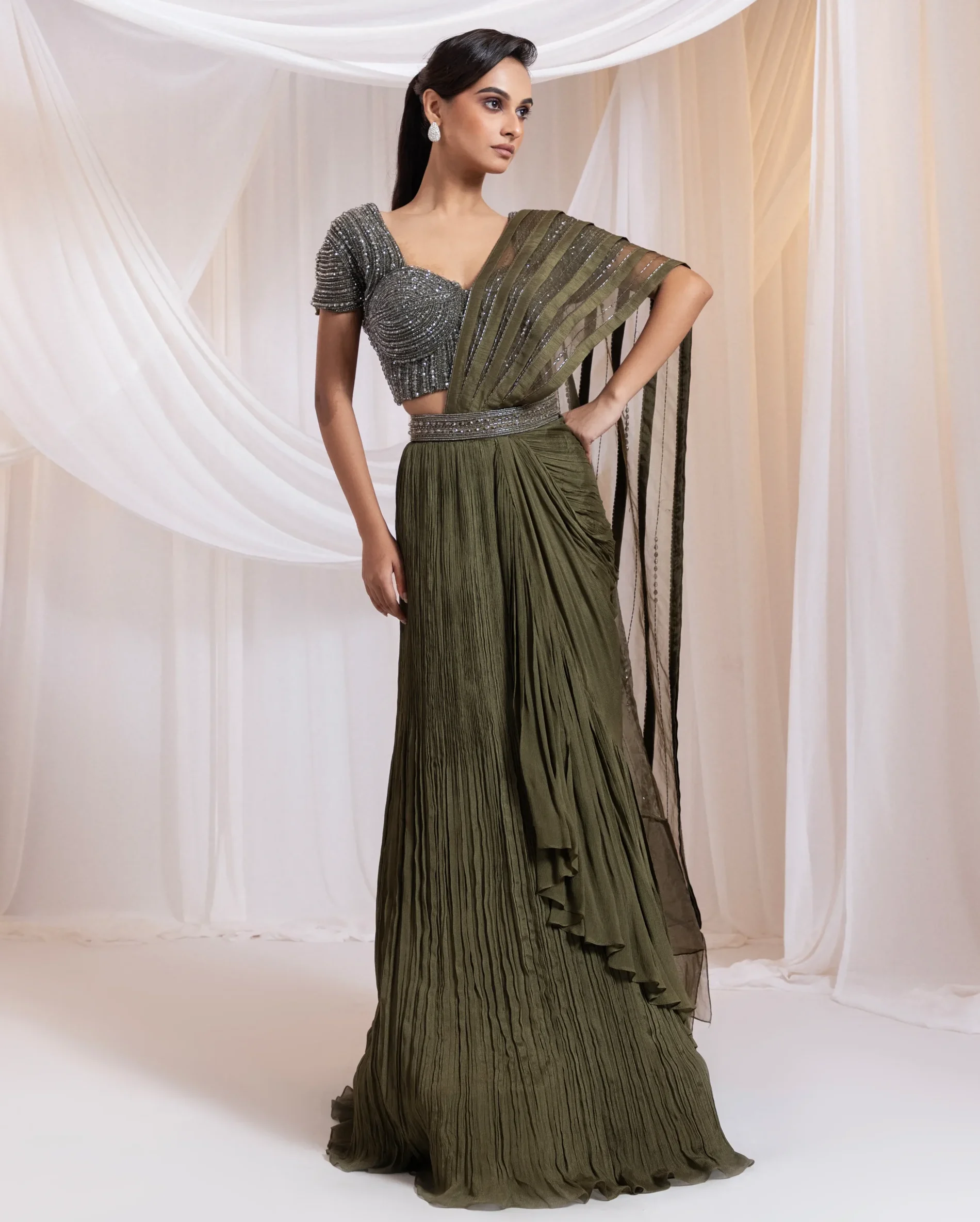 Embellished Draped Saree Set with crystal bead embroidered bodice from Golden Muslin By Anuj Agarwal