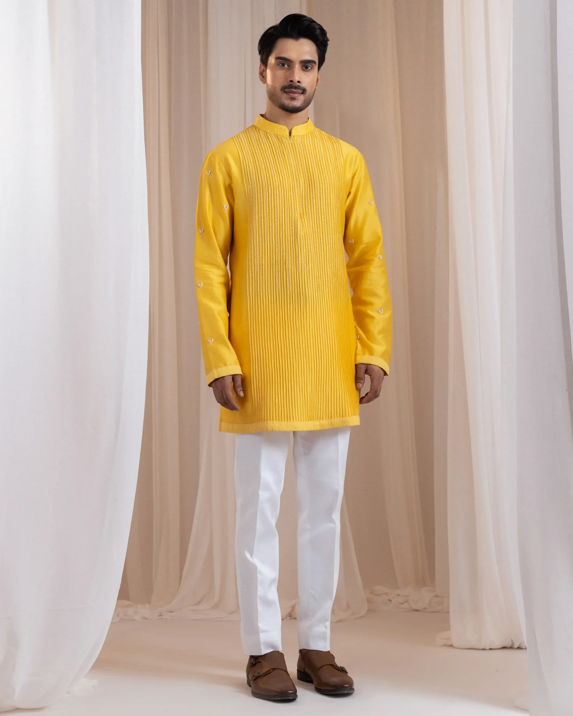 Yellow Pintuck Kurta with Bead and French Knot Detailing from Golden Muslin By Anuj Agarwal