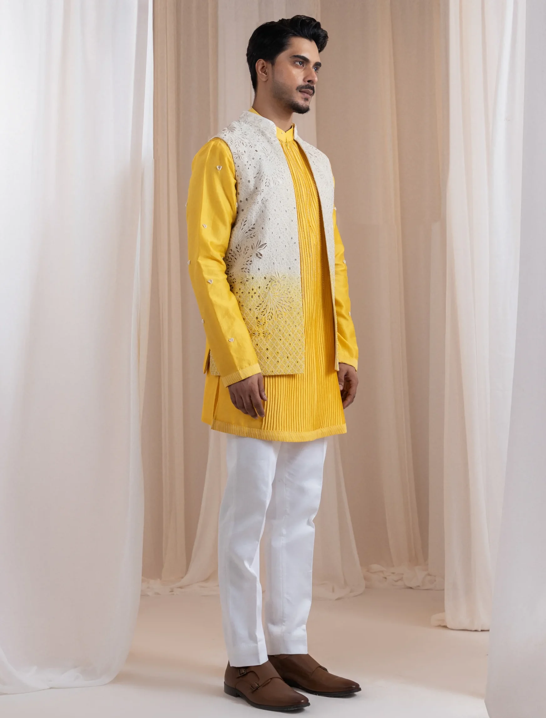 Ivory to Yellow Ombre Nehru Jacket with Pintucked Kurta from Golden Muslin By Anuj Agarwal