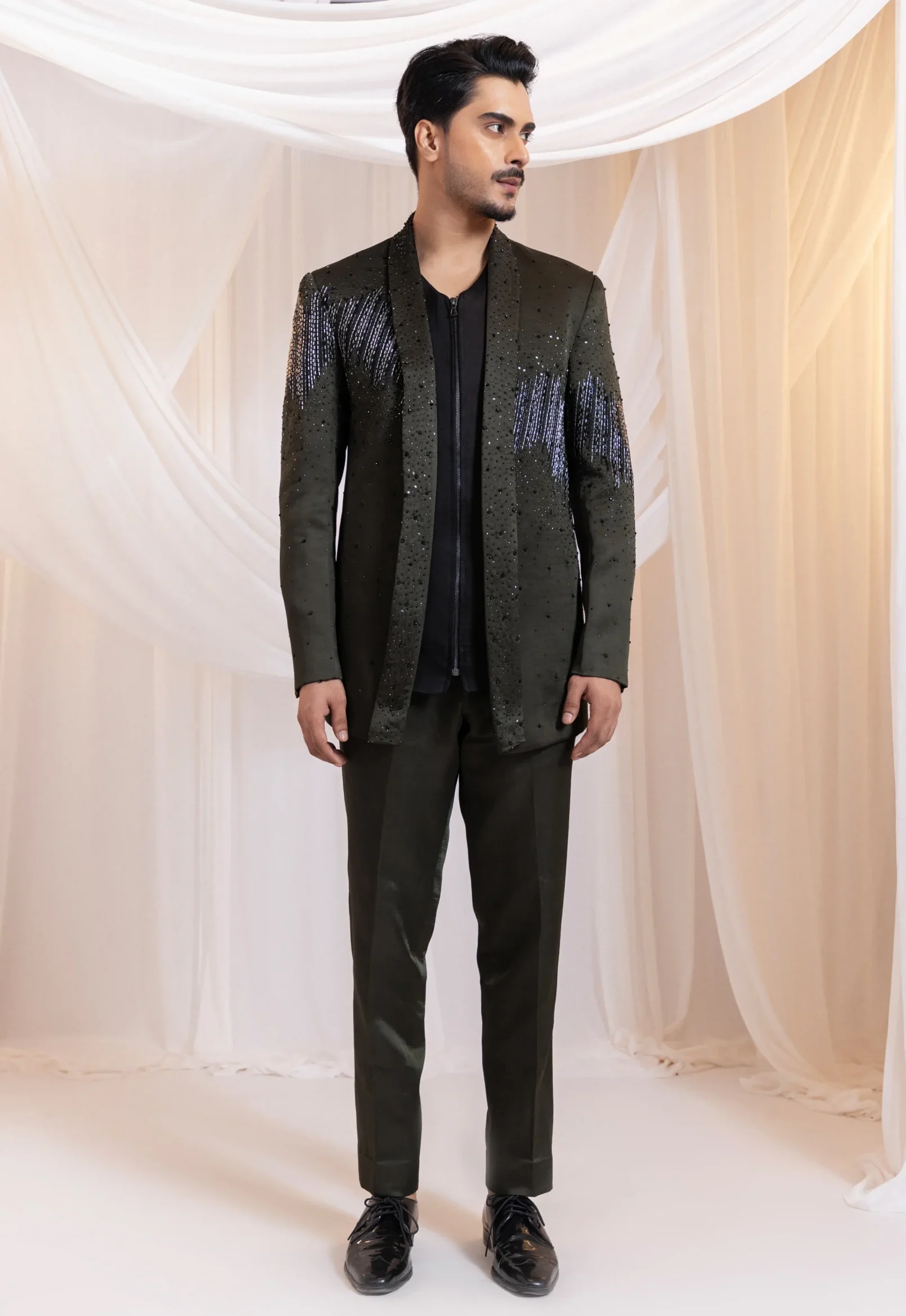 Hunter Green Embellished Jacket Set with Black Waistcoat from Golden Muslin By Anuj Agarwal
