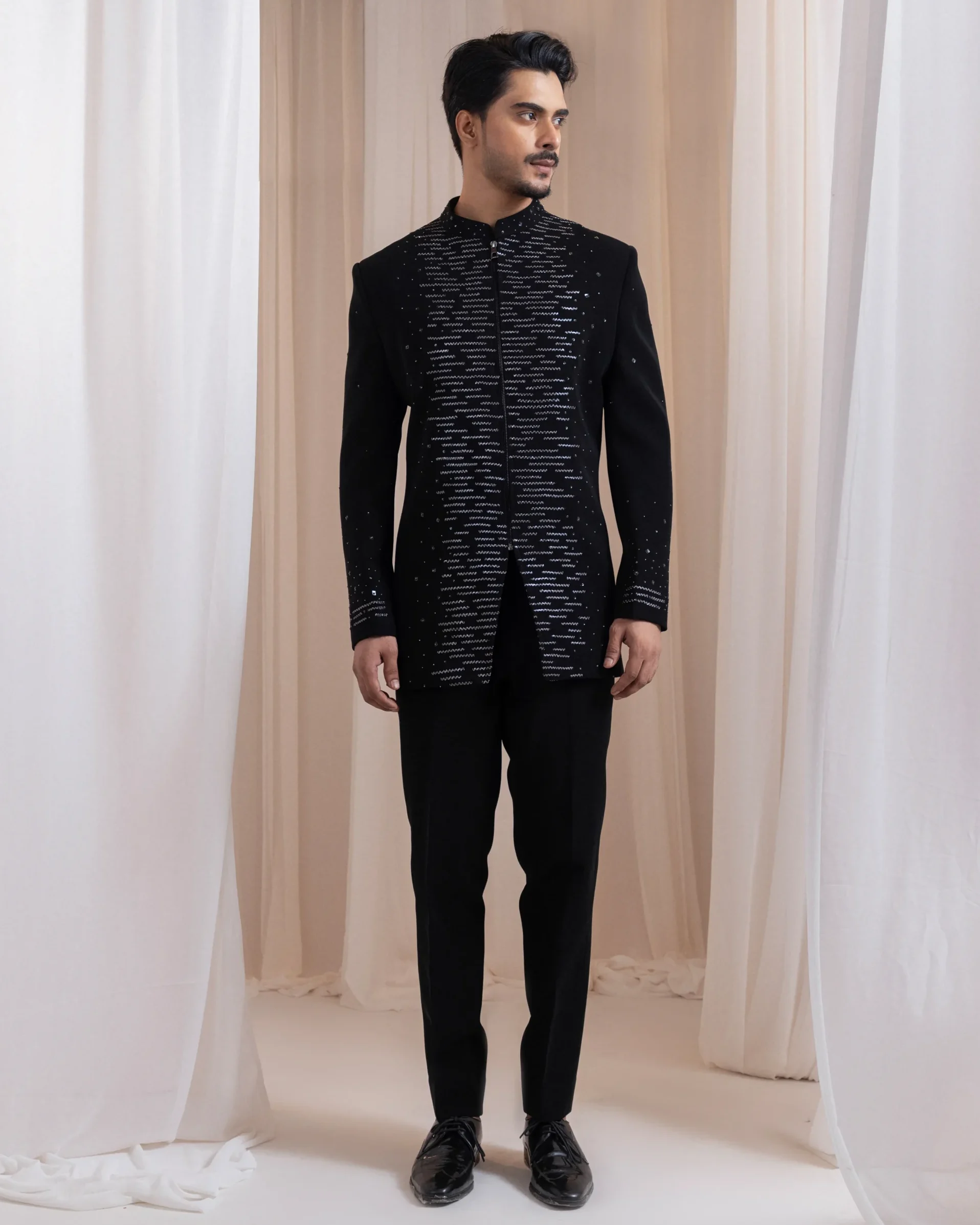 Silver Thread Embroidered Bandhgala with Tailored Trousers from Golden Muslin By Anuj Agarwal