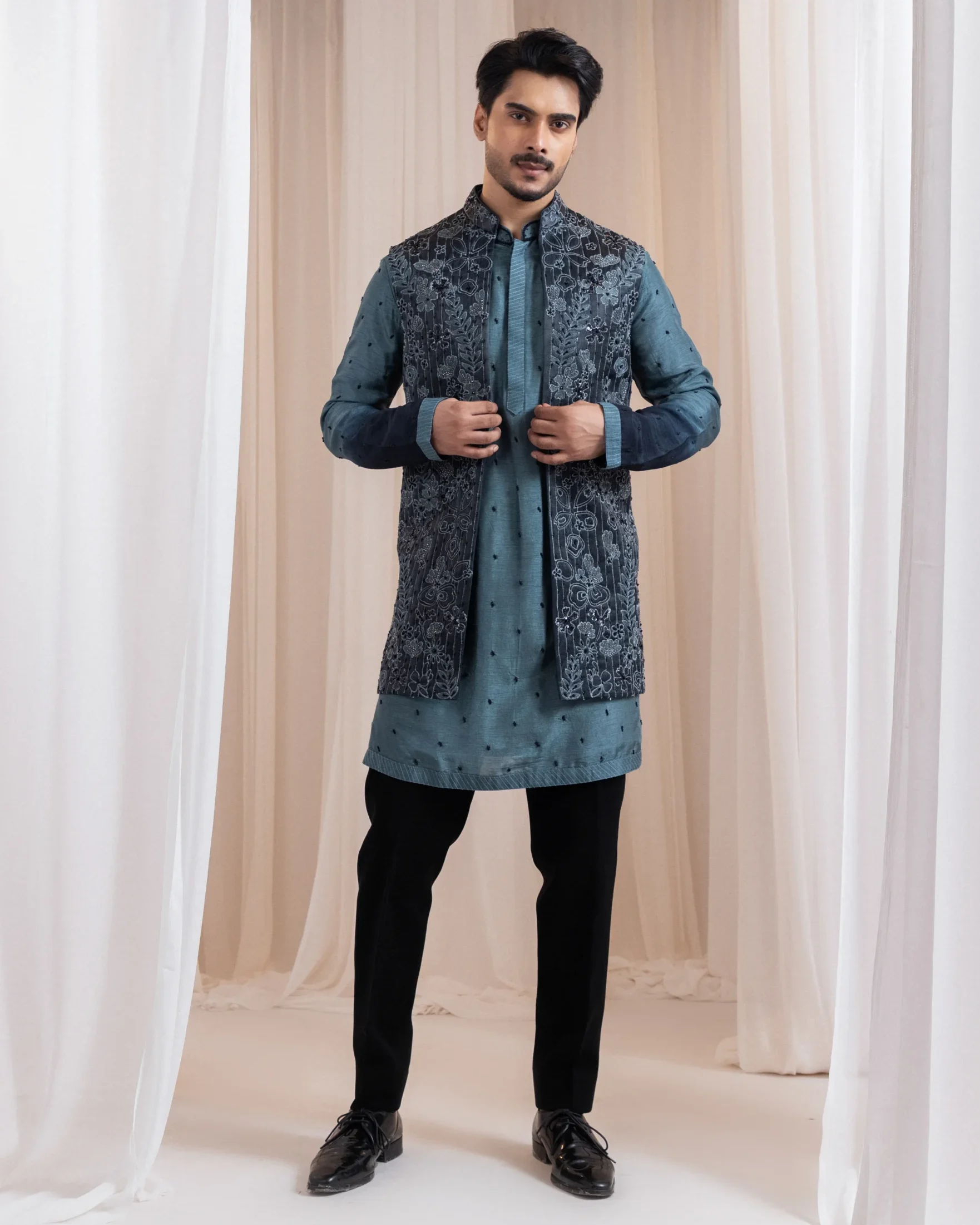 Embroidered Nehru Jacket with floral and vine motifs and bead detailing from Golden Muslin By Anuj Agarwal