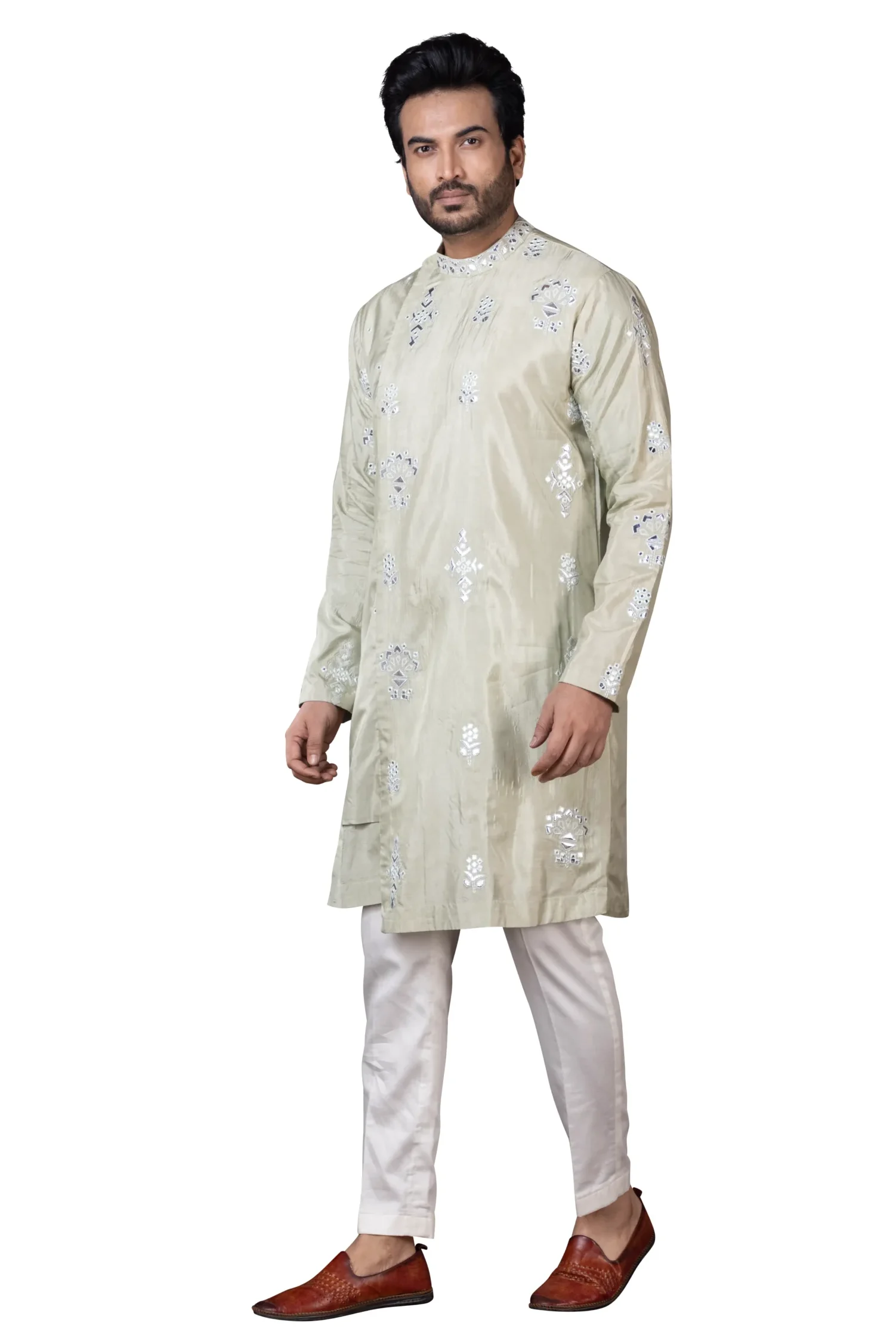 Light pista green rexine kurta in premium synthetic leather from Golden Muslin By Anuj Agarwal