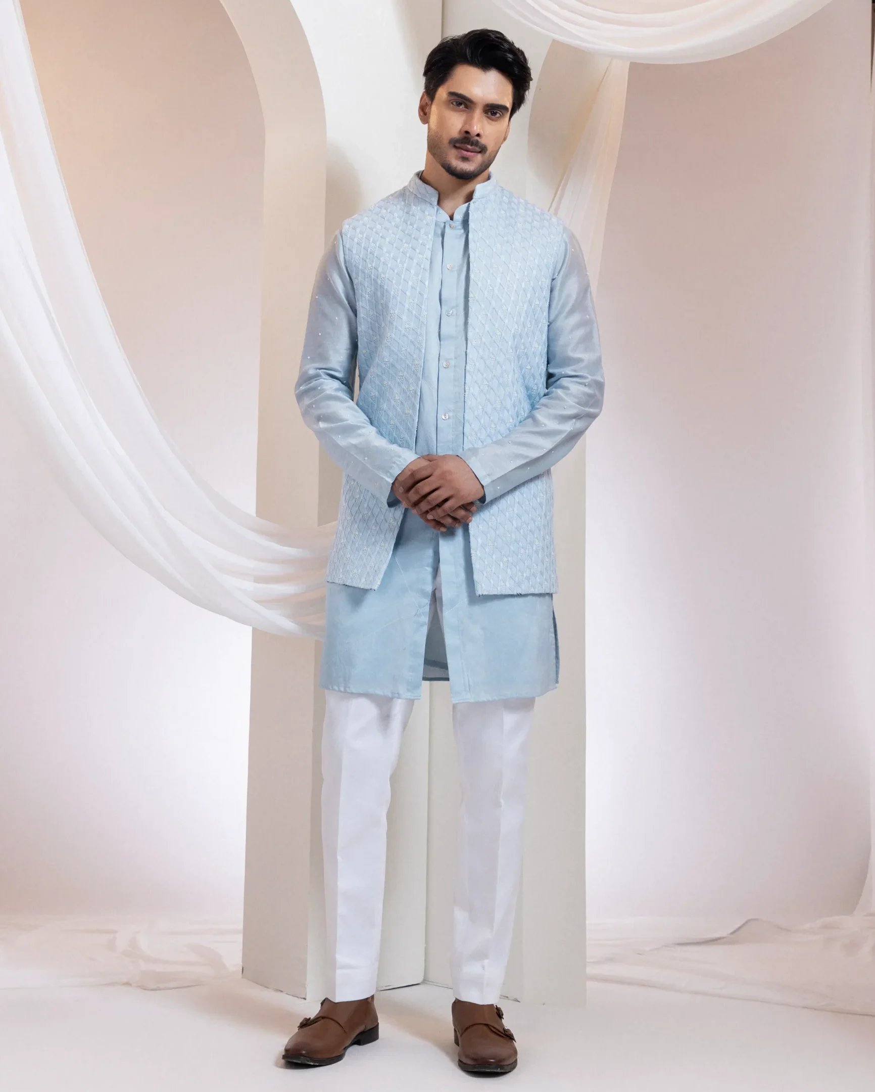 Powder Blue Nehru Jacket with Diamond Texture and Embroidered Kurta from Golden Muslin By Anuj Agarwal