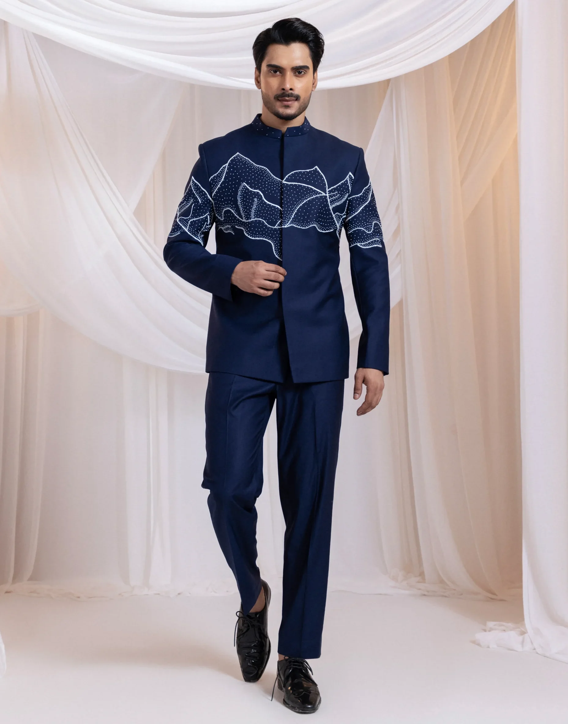 Deep Navy Bandhgala with Abstract Embroidery and White Beadwork from Golden Muslin By Anuj Agarwal