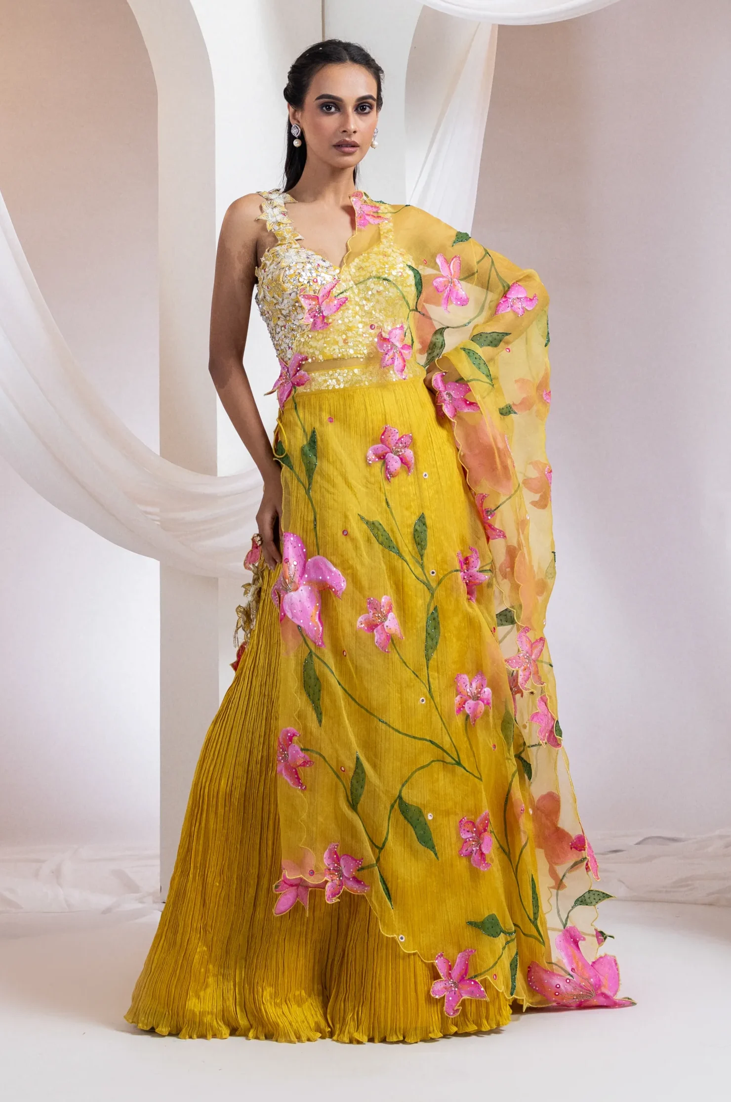 Mustard Yellow Lehenga with Mirror Work and Hand Painted Organza Overlay from Golden Muslin By Anuj Agarwal