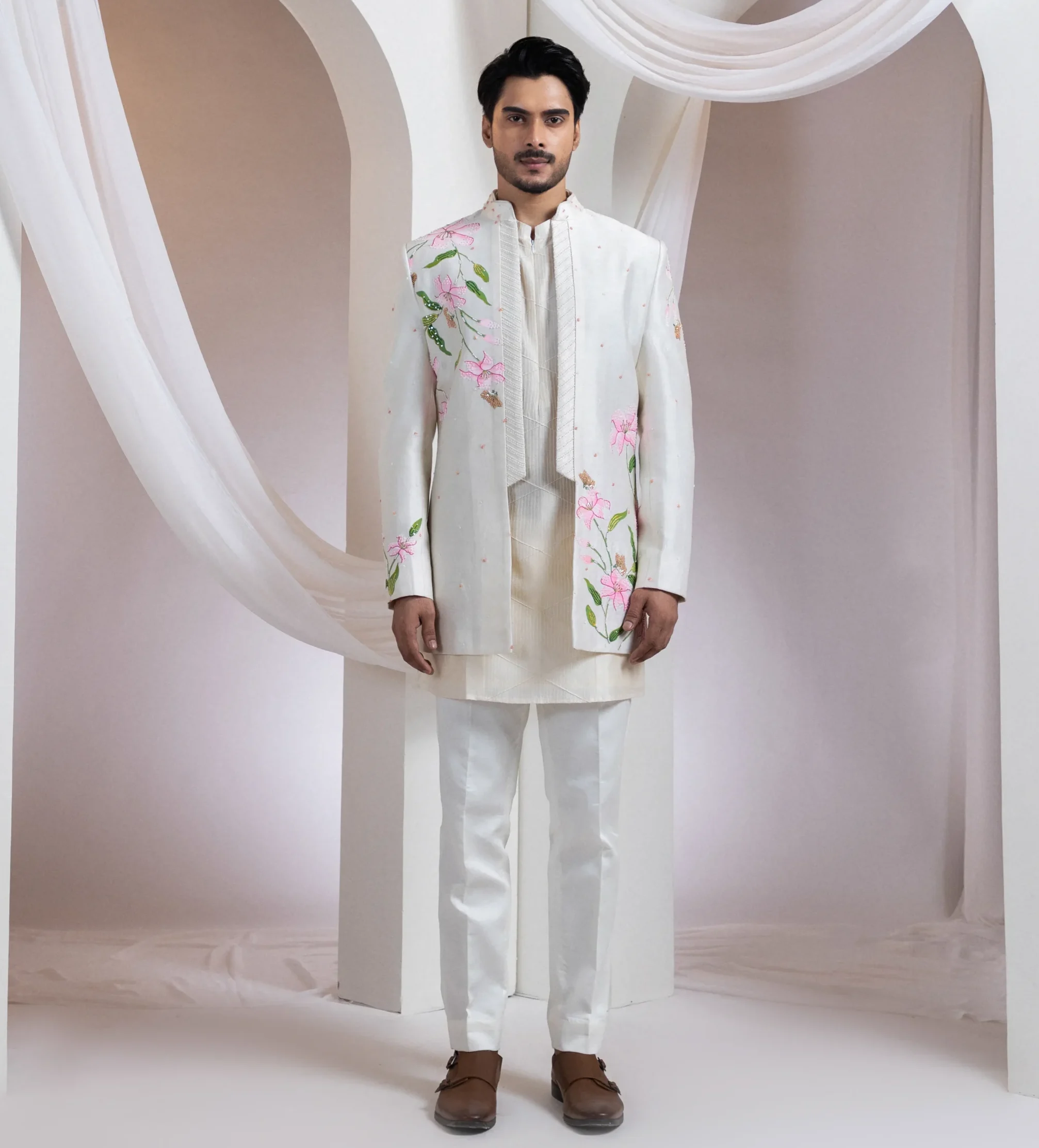 Ivory Long Jacket with Hand Painted Florals and Pearl Detailing from Golden Muslin By Anuj Agarwal