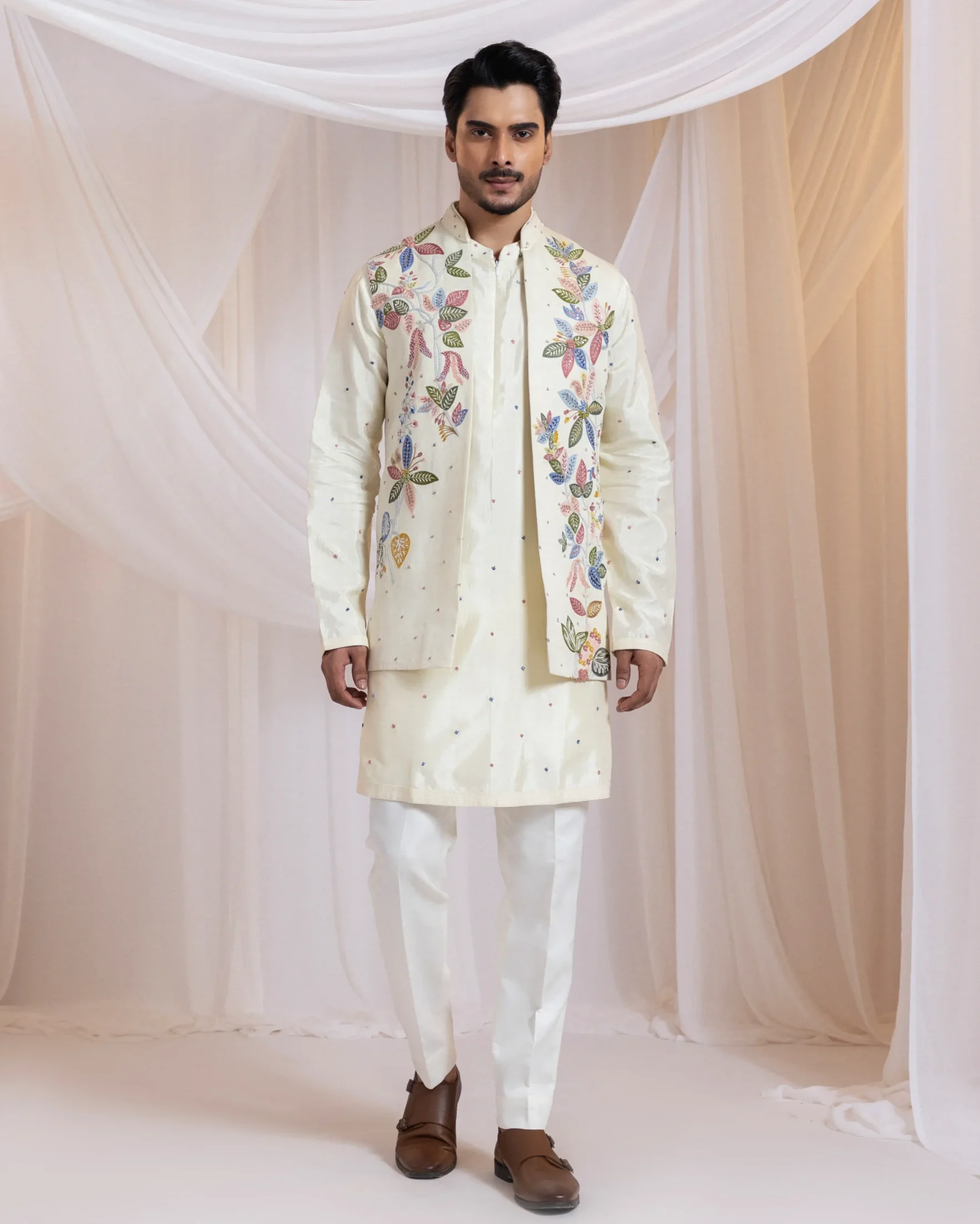 Multicolored Floral Embroidered Nehru Jacket from Golden Muslin By Anuj Agarwal
