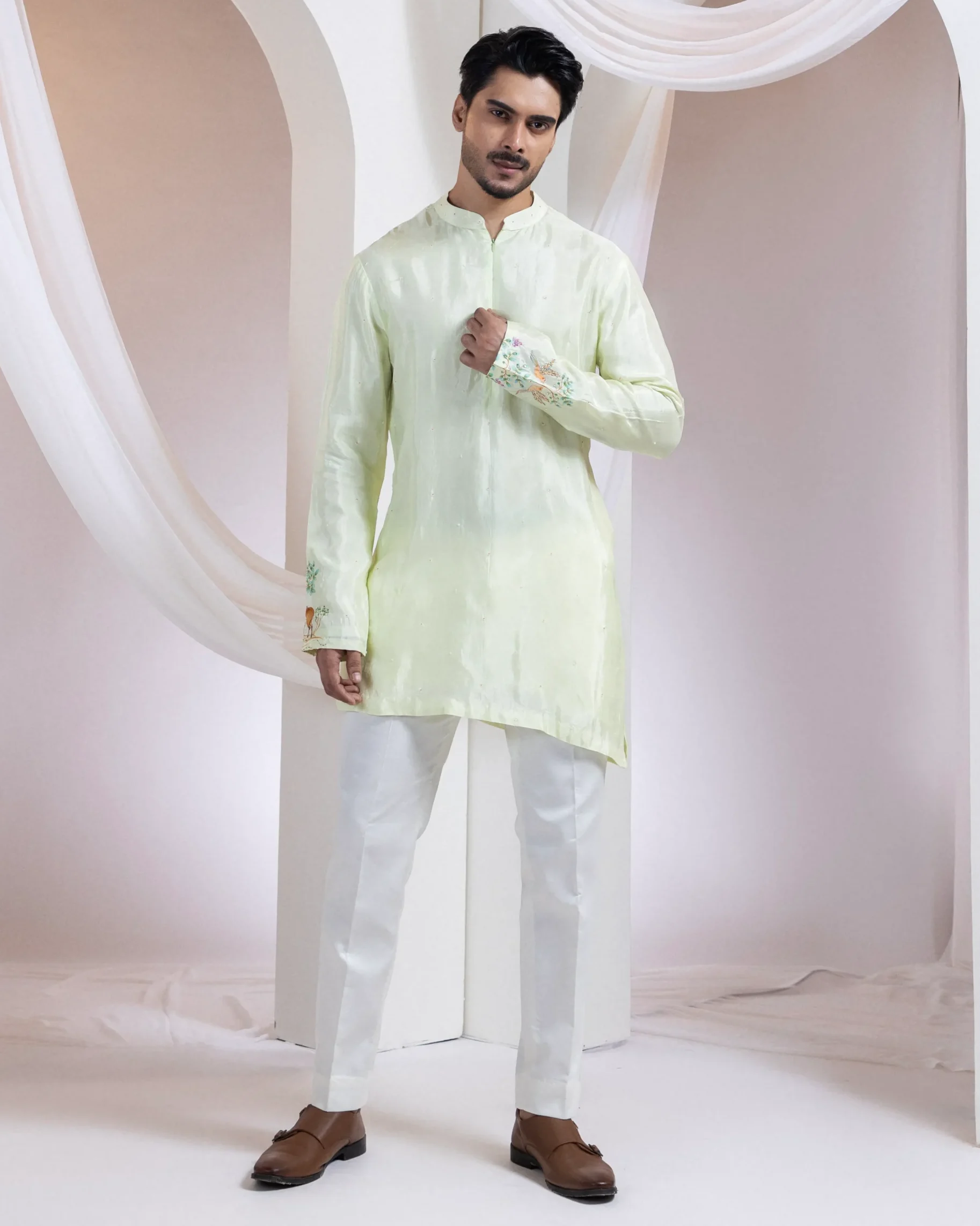 Pistachio Green Silk Kurta with Hand Painted Bird Motifs from Golden Muslin By Anuj Agarwal
