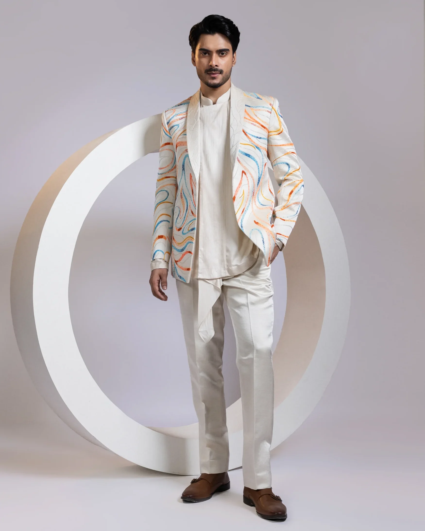 Off White Quilted Blazer with Hand Painted Swirl Designs from Golden Muslin By Anuj Agarwal