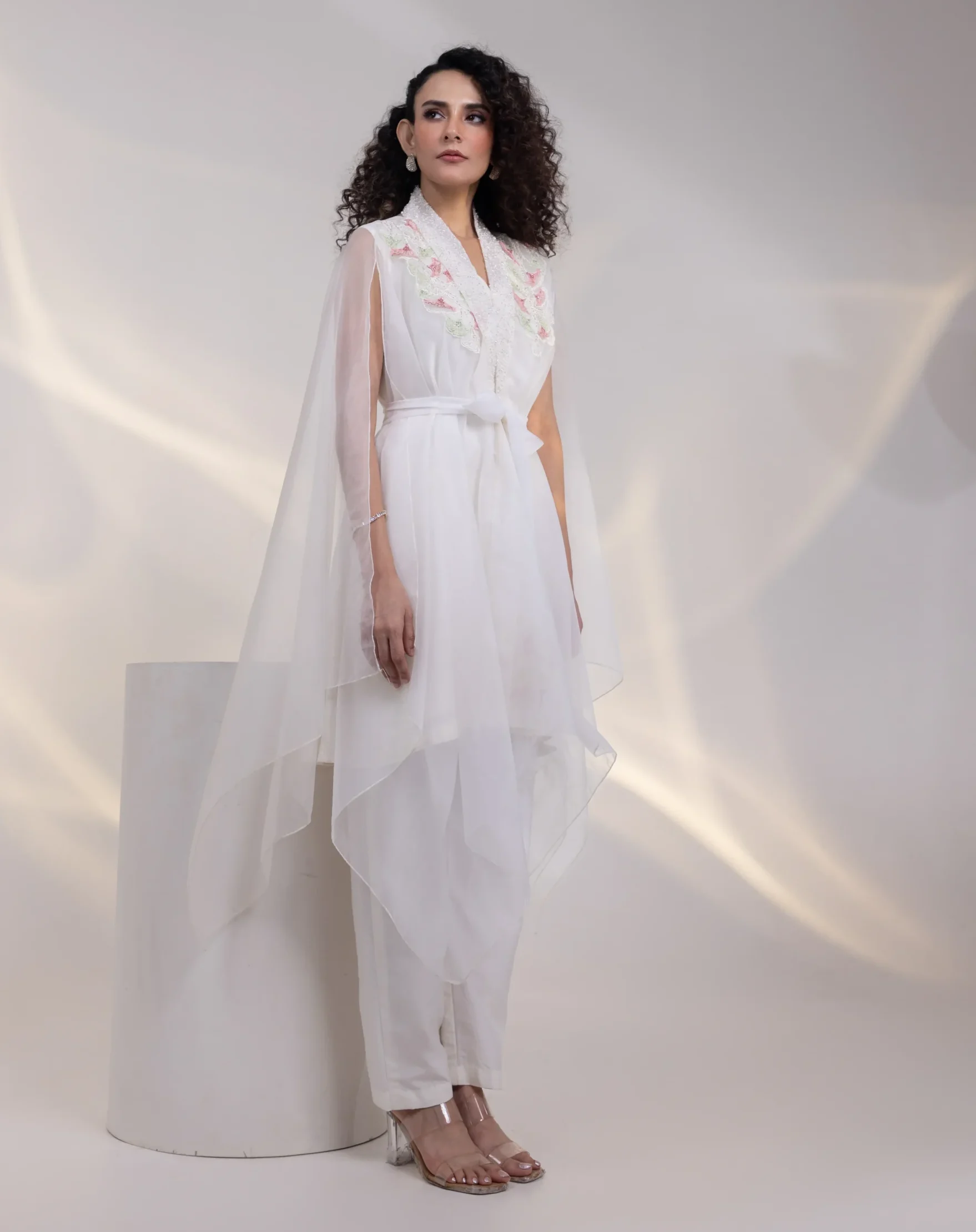 Off White Silk Long Top with Embellished Cape and Straight Pants from Golden Muslin By Anuj Agarwal