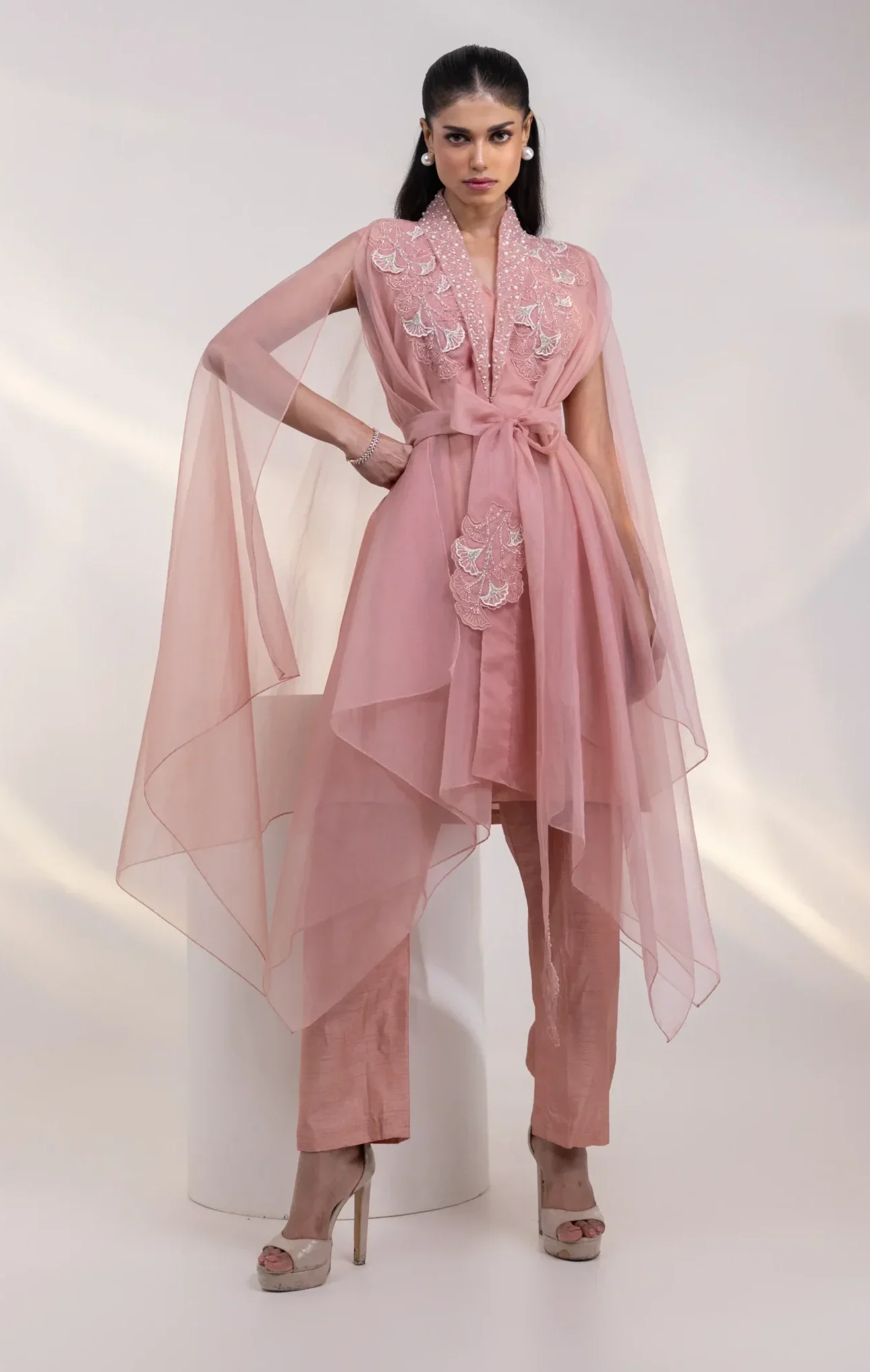 Dusty Rose Organza Asymmetrical Tunic with Cape Sleeves and Straight Trousers from Golden Muslin By Anuj Agarwal