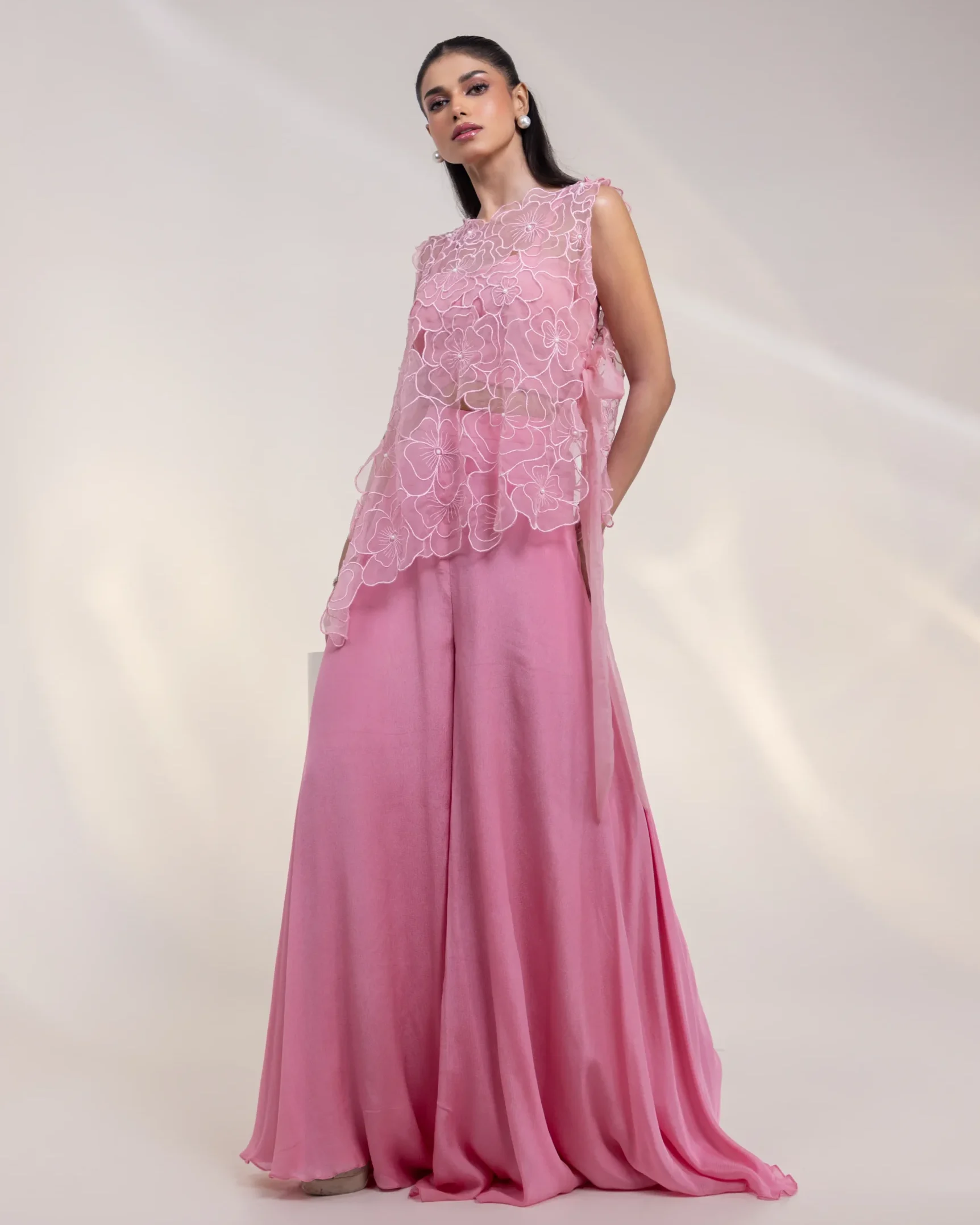 Blush Pink Three Piece Bustier with Organza Cutwork Cape and Wide-Leg Pants from Golden Muslin By Anuj Agarwal