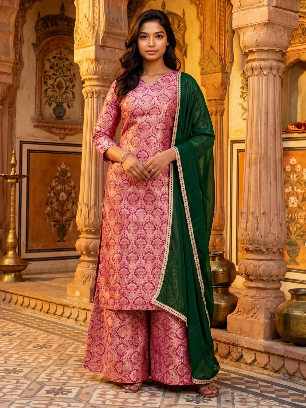 Rose Pink Kurta Sharara Set with Traditional Prints, Flared Sharara and Green Dupatta from Golden Muslin By Satya JB