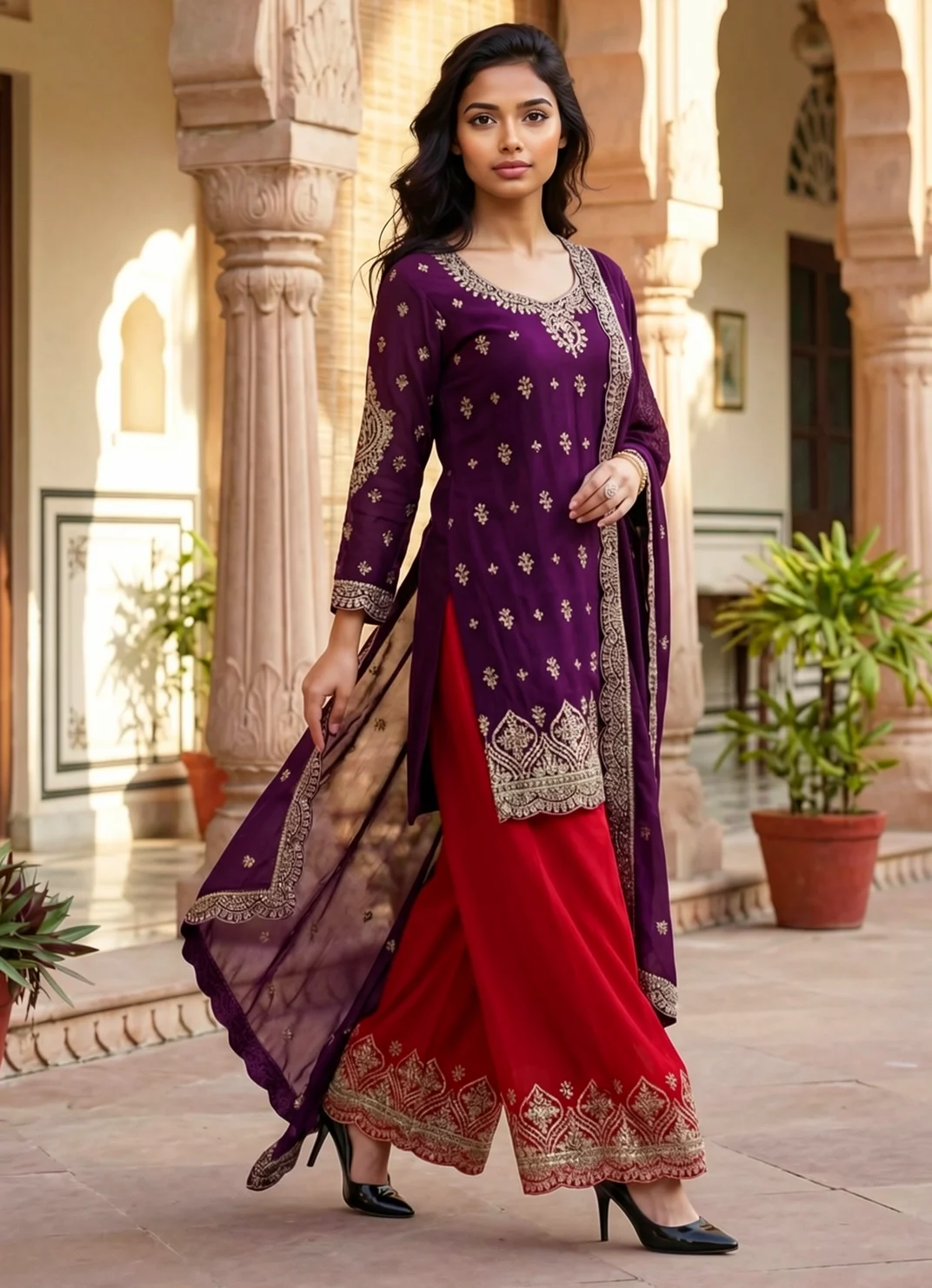 Purple and Red Kurta Palazzo Set with Gold Embroidery, Flared Palazzo and Dupatta from Golden Muslin By Satya JB