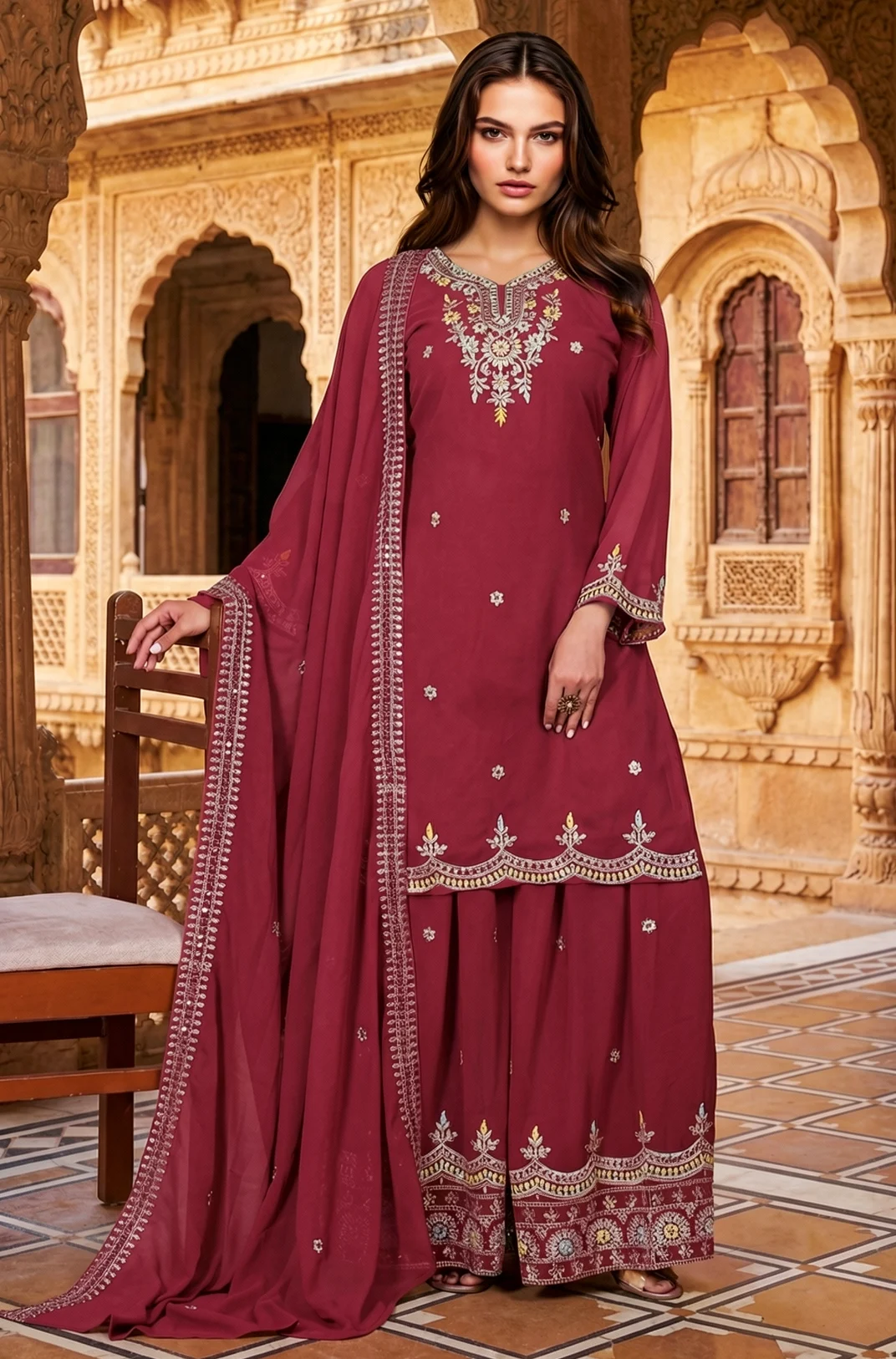 Wine Red Kurta Sharara Set with Gold Embroidery, Flared Sharara and Dupatta from Golden Muslin By Satya JB