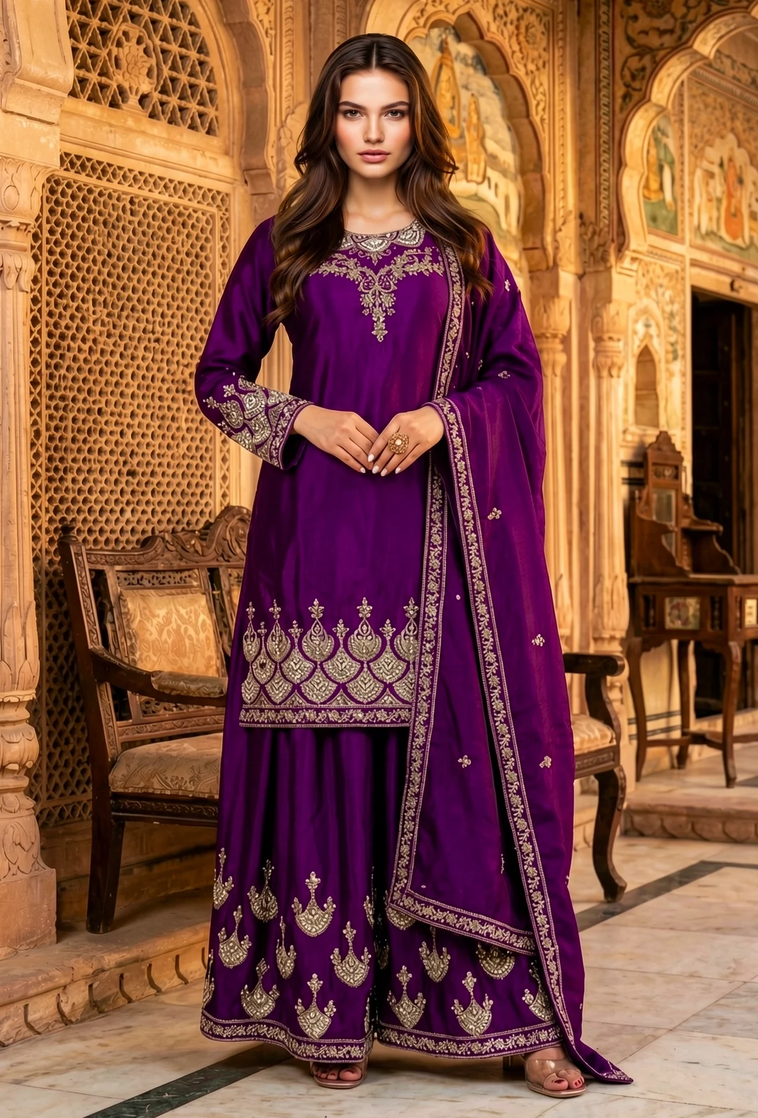 Royal Purple Kurta Palazzo Set with Gold Embroidery, Flared Palazzo and Dupatta for Festive Wear from Golden Muslin By Satya JB