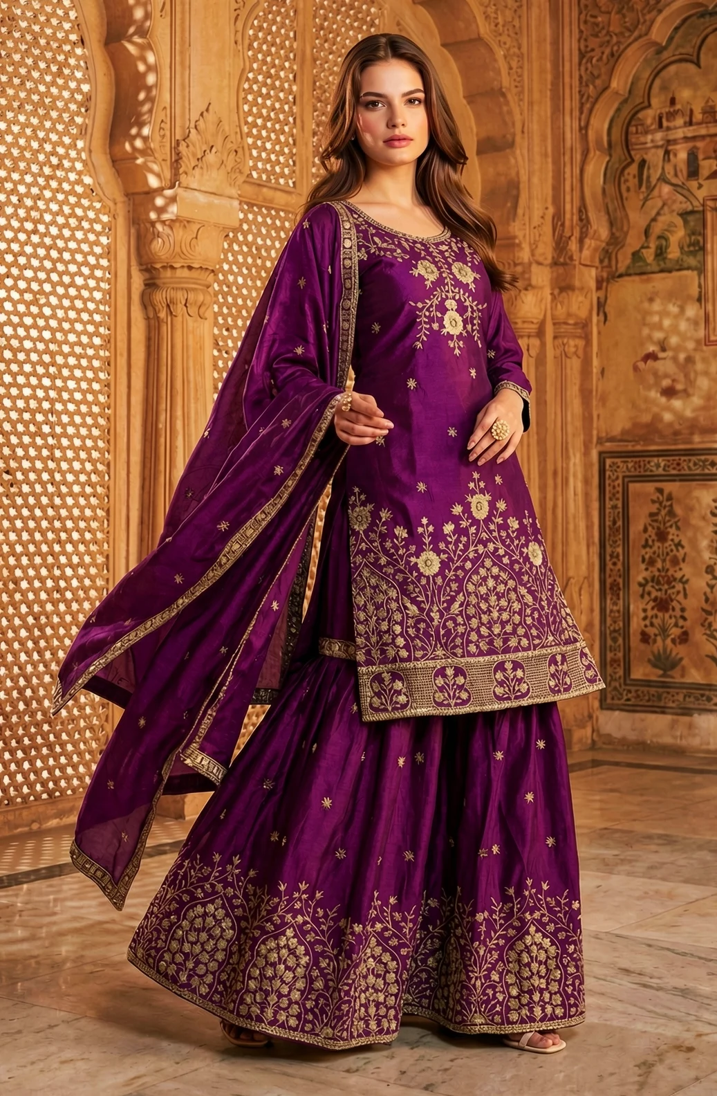 Plum Kurta Sharara Set with Gold Floral Embroidery, Flared Sharara and Dupatta for Festive Wear from Golden Muslin By Satya JB