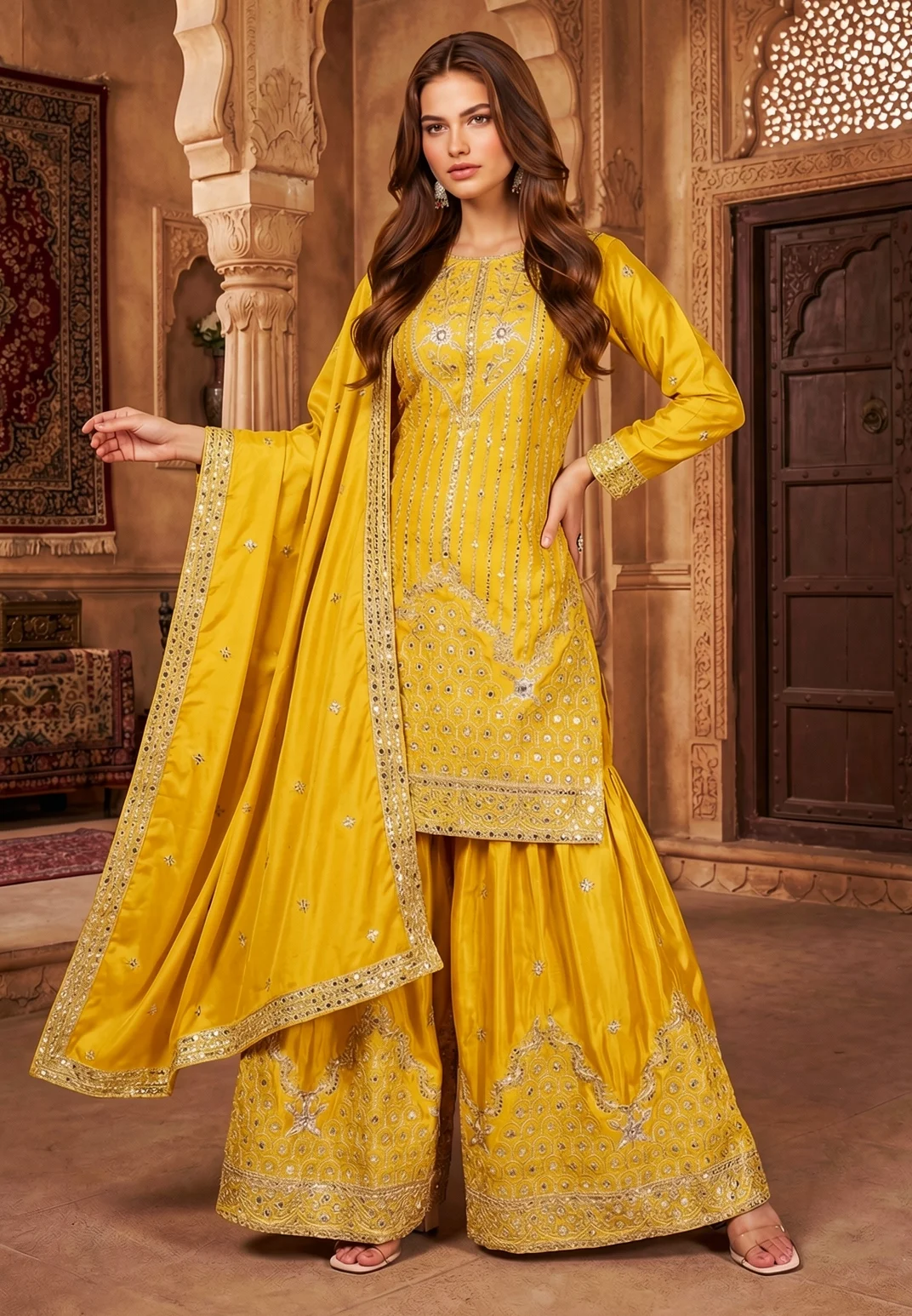 Mustard Yellow Kurta Sharara Set with Gold and Silver Embroidery, Flared Sharara and Dupatta from Golden Muslin By Satya JB