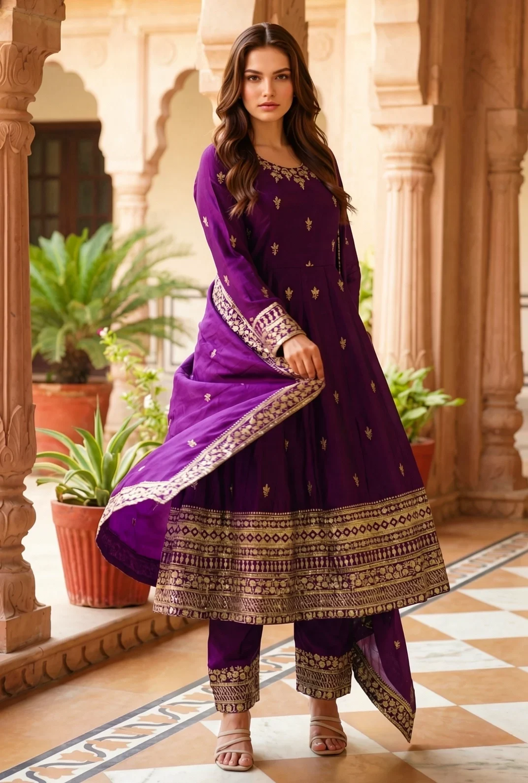 Discover a regal Royal Purple Anarkali Suit Set featuring intricate gold motifs, elegant borders, and a coordinated dupatta. Perfect for weddings and festive occasions from Golden Muslin By Satya JB.