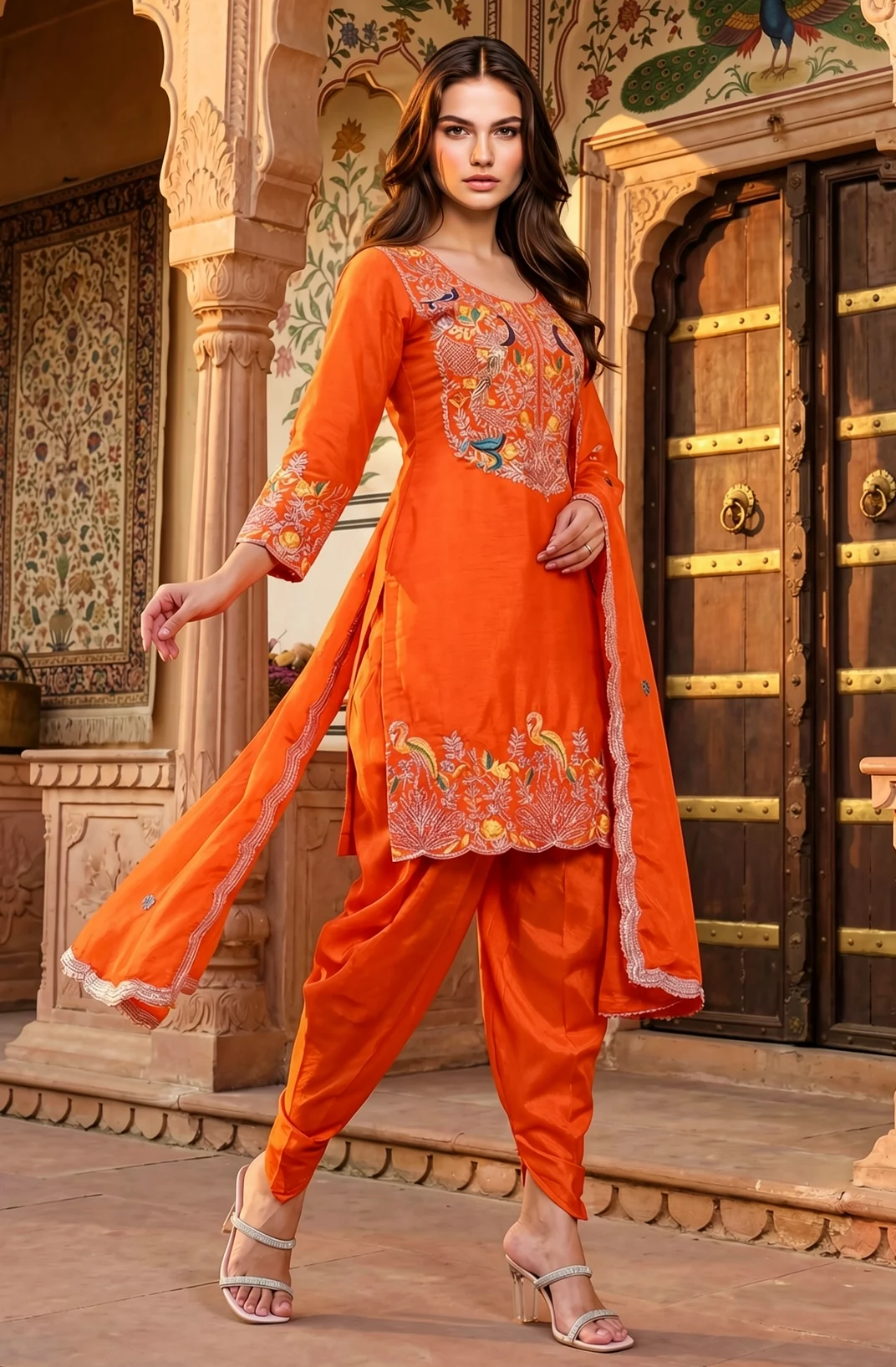 Orange Kurta Pant Set with Multicolored Floral and Peacock Embroidery with Dupatta from Golden Muslin By Satya JB