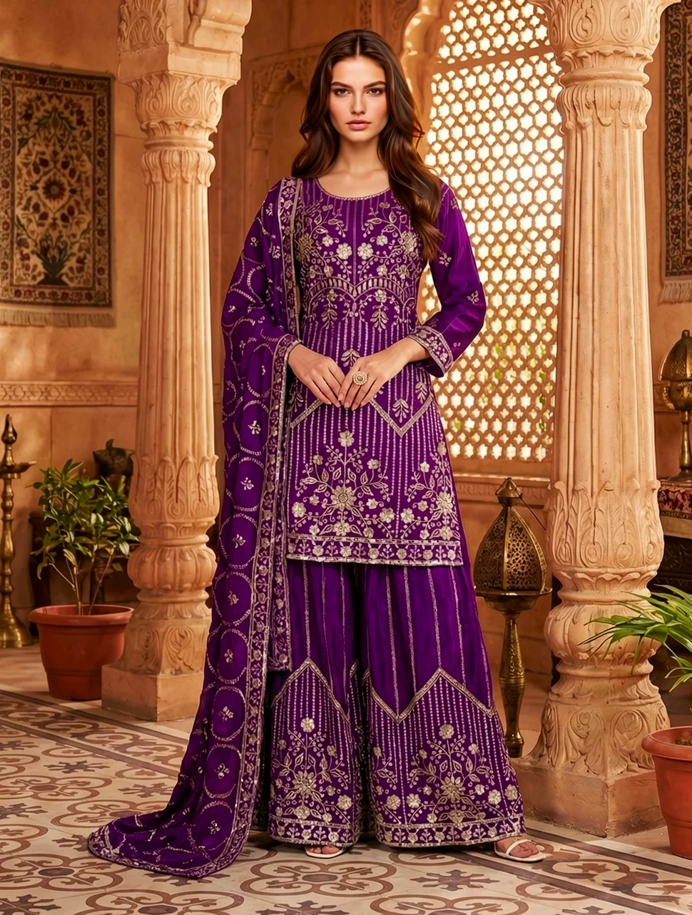 Royal Purple Embroidered Kurta Palazzo Set with Gold Motifs, Palazzo and Dupatta from Golden Muslin By Satya JB