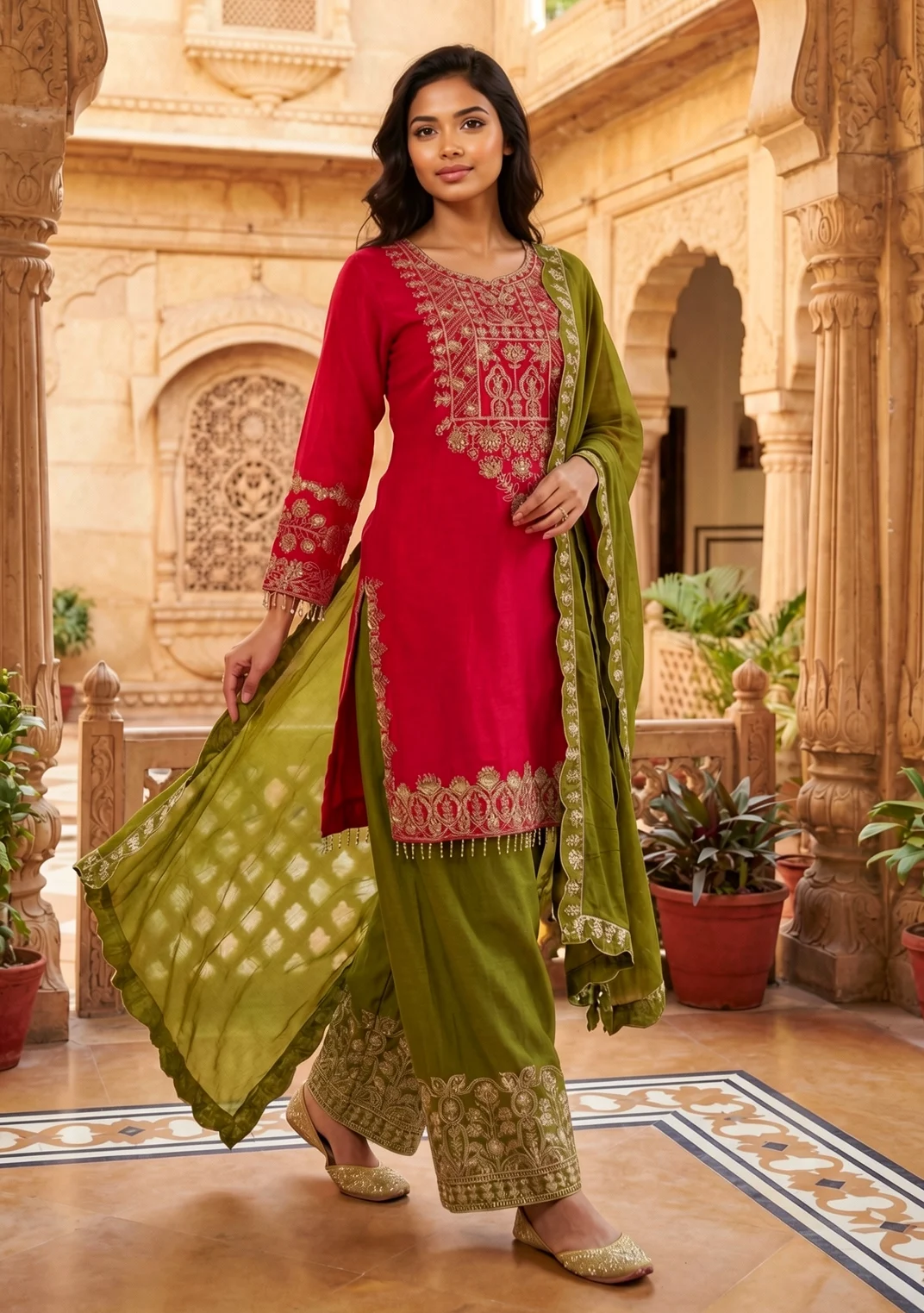 Red and olive green embroidered kurta pant set with dupatta for festive wear from Golden Muslin By Satya JB