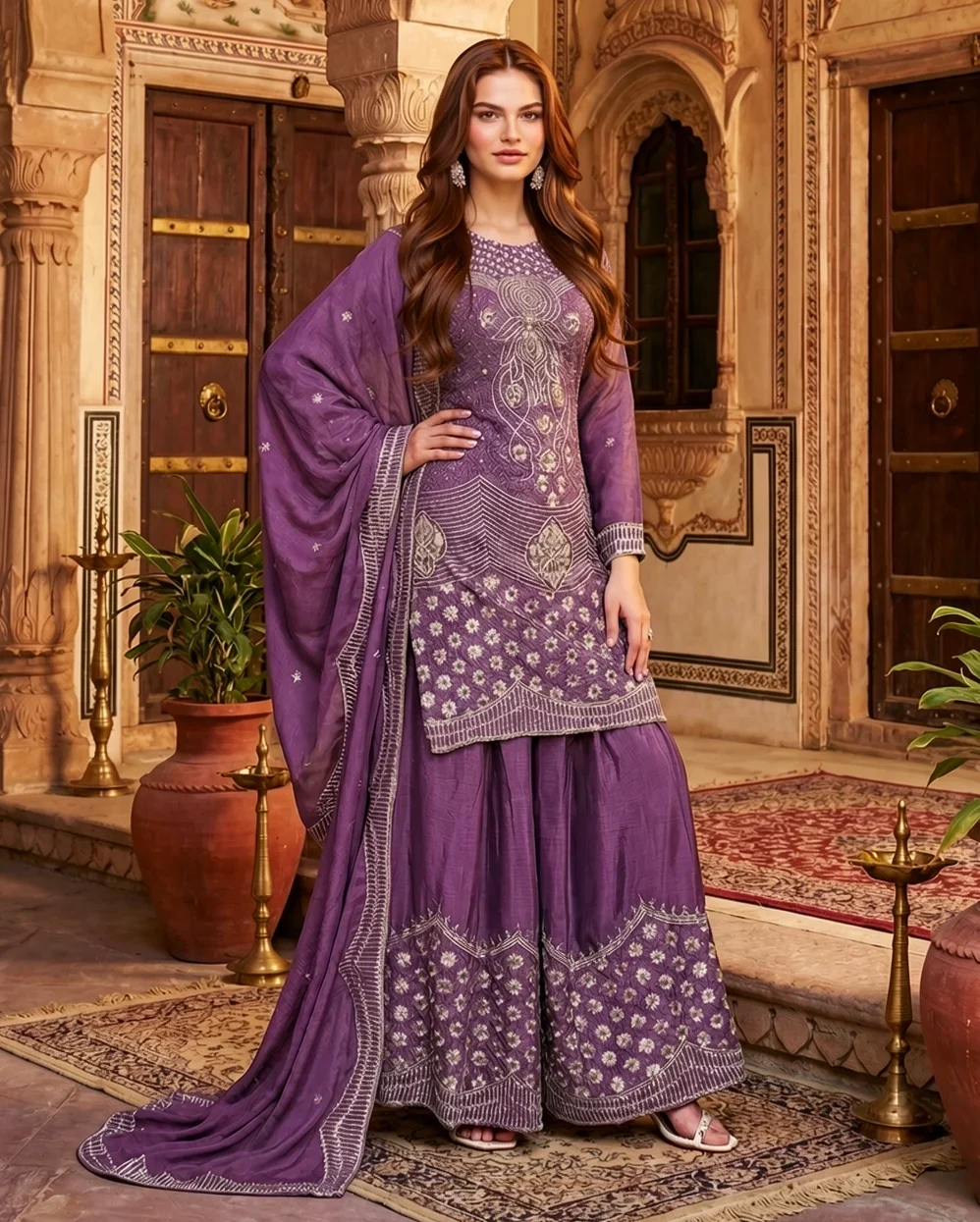 Lavender Purple Kurta Sharara Set with Silver Embroidery, Flared Sharara and Dupatta for Festive Wear from Golden Muslin By Satya JB