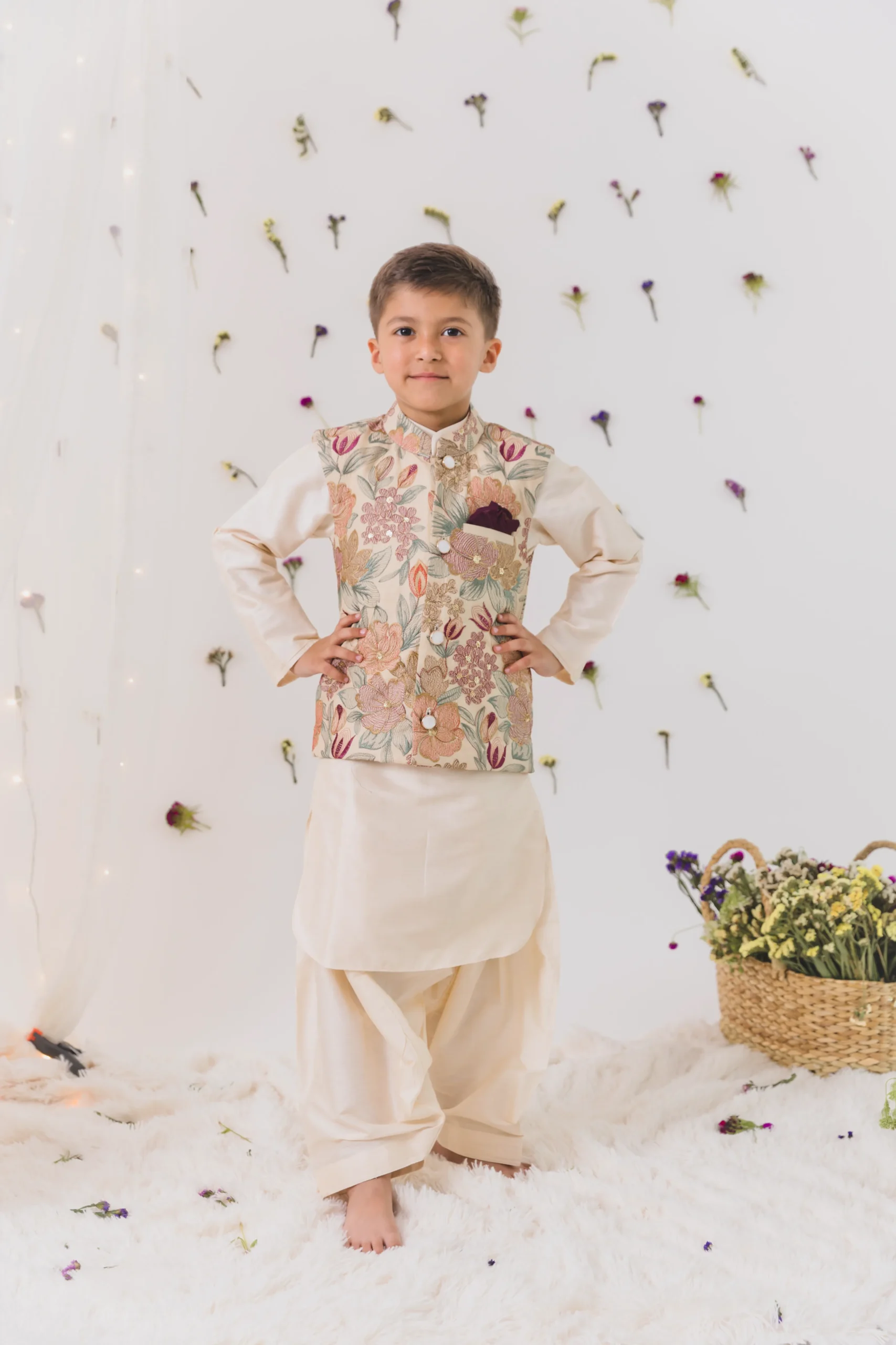 Ivory Silk Pathani Kurta Set with Multicolor Bundi from Golden Muslin By Choti Buti