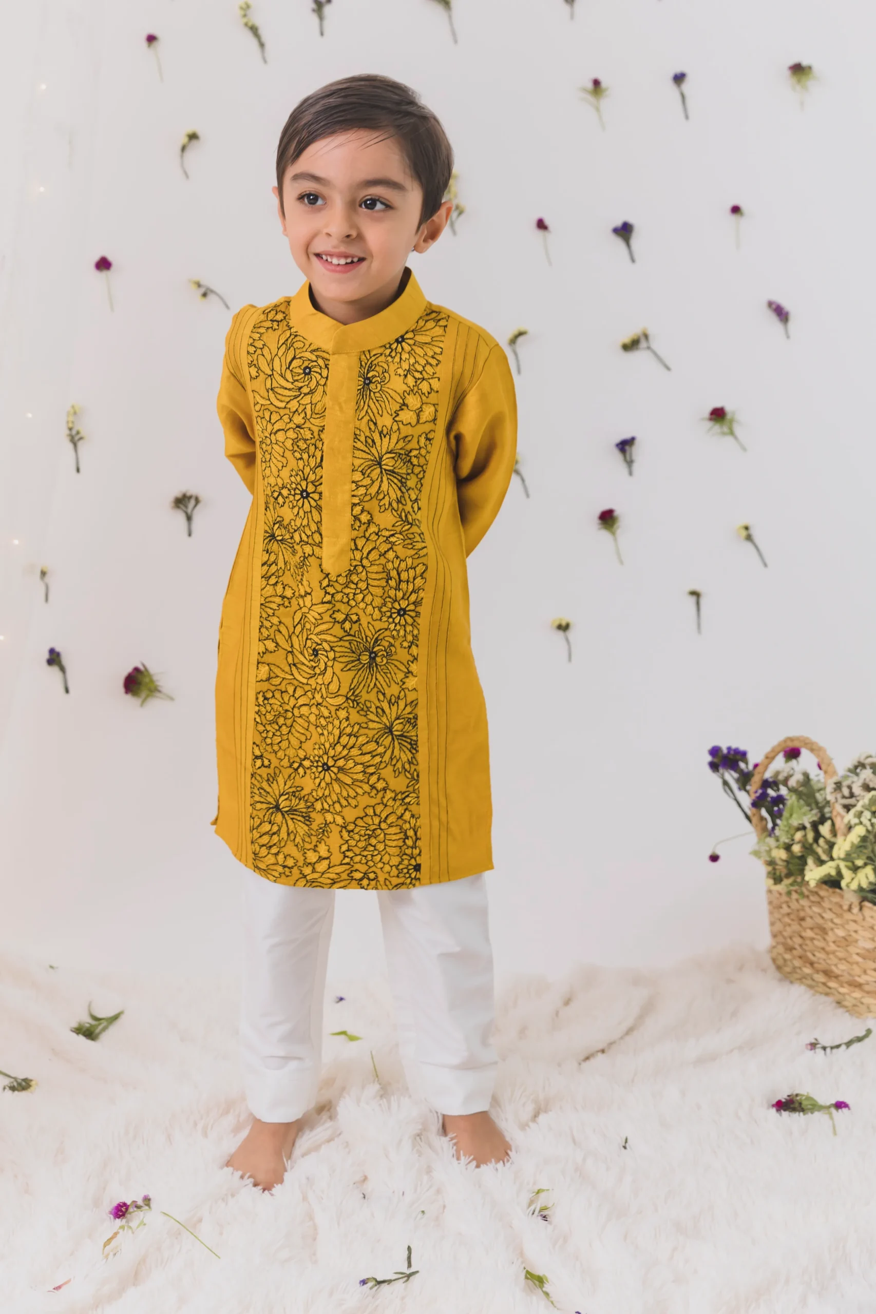 Mustard Embroidered Silk Kurta Pajama Set festive outfit from Golden Muslin By Choti Buti