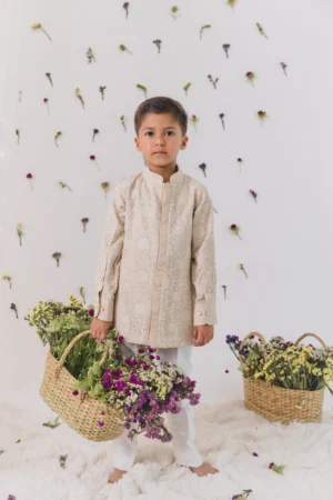 Beige Moonga Silk Embroidered Shirt with Ivory Trousers Set from Golden Muslin By Choti Buti