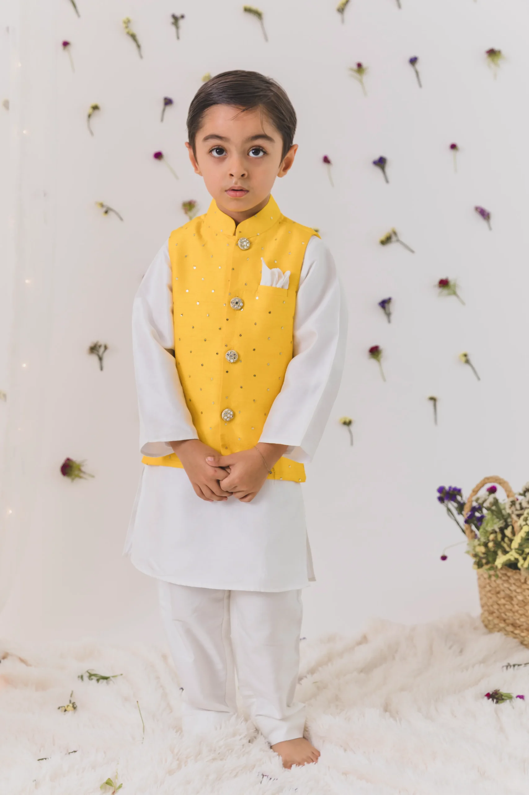 Yellow and Ivory Haldi Silk Kurta Pant Set festive outfit from Golden Muslin By Choti Buti