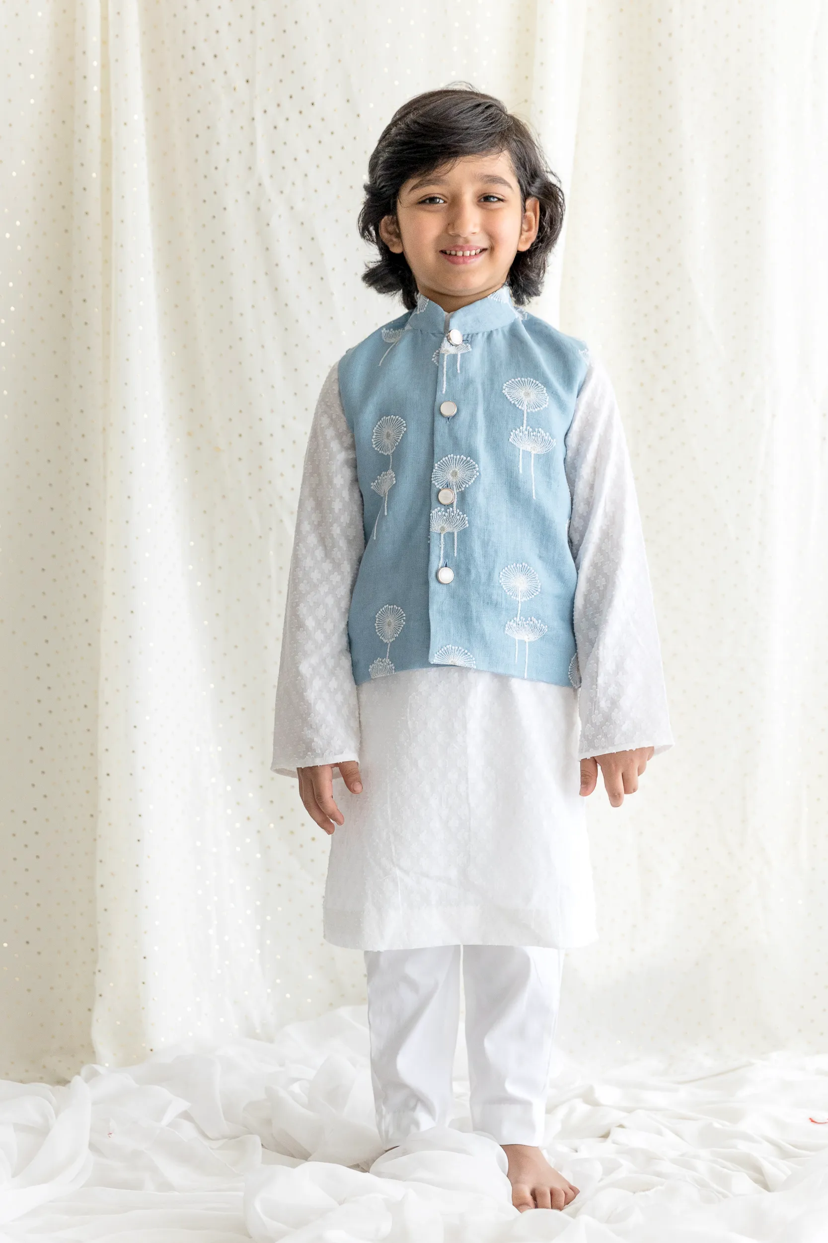 Blue Linen Jacket Kurta Set with embroidery from Golden Muslin By Choti Buti
