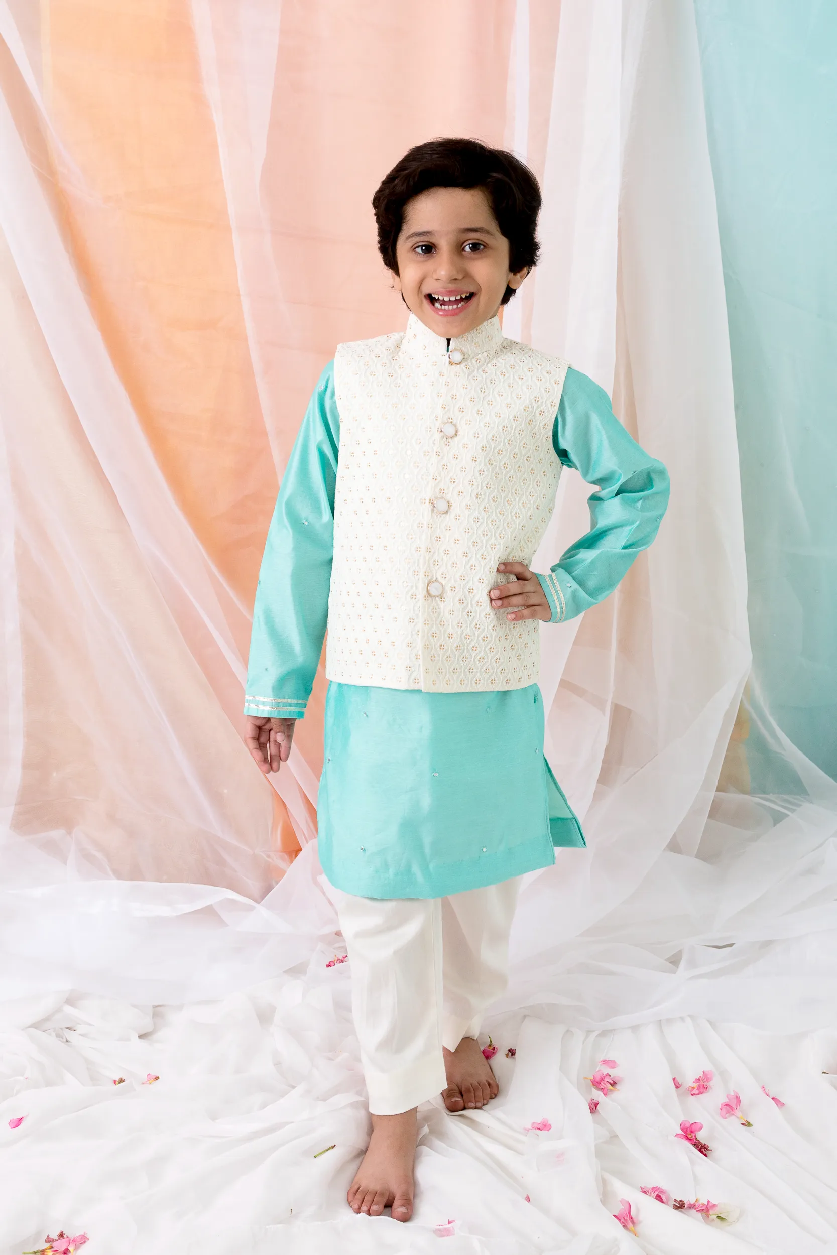 Blue Ivory Chanderi Kurta Jacket Set with mirror work from Golden Muslin By Choti Buti