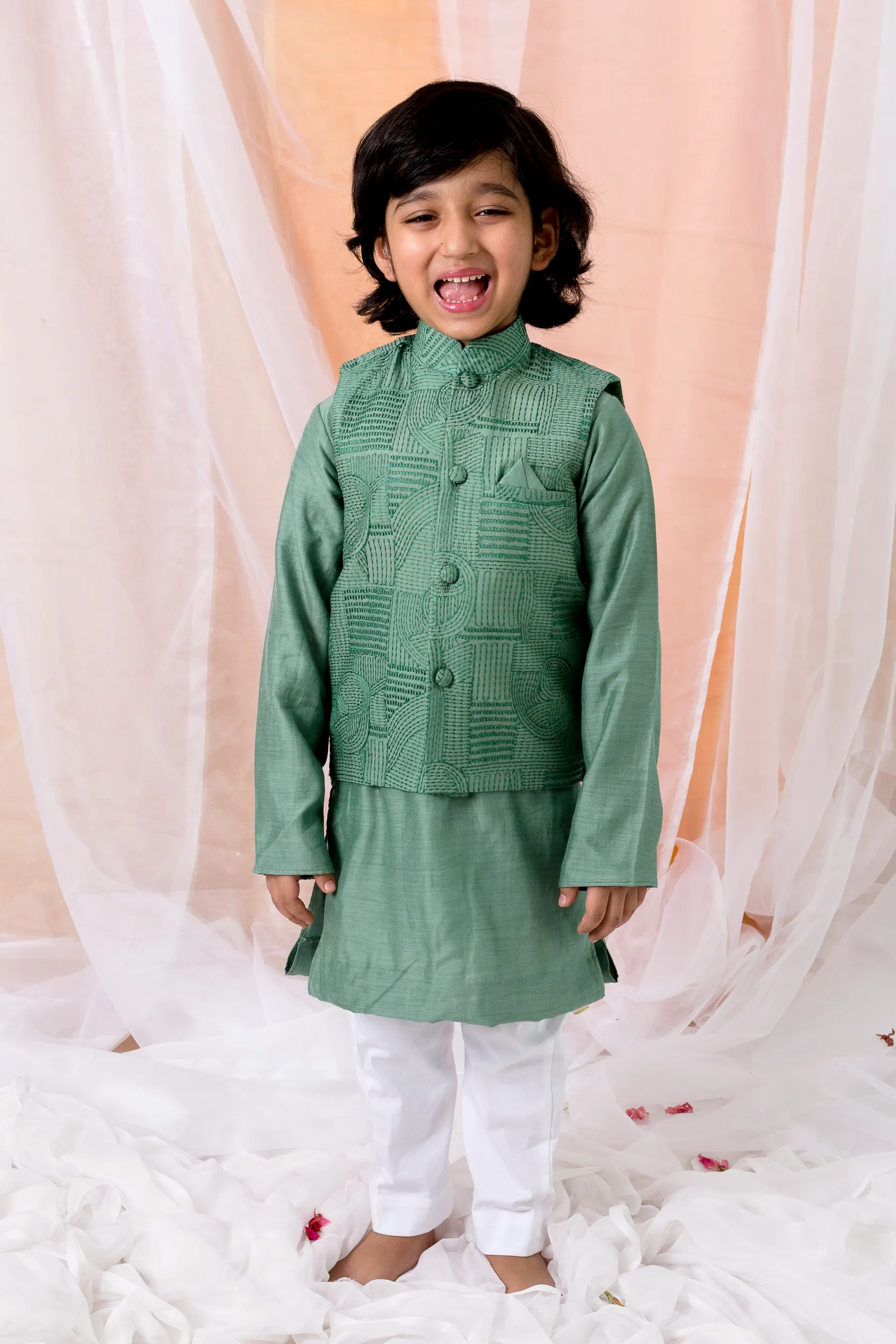 Green Cotton Silk Kurta Jacket Set with threadwork and pocket square from Golden Muslin By Choti Buti