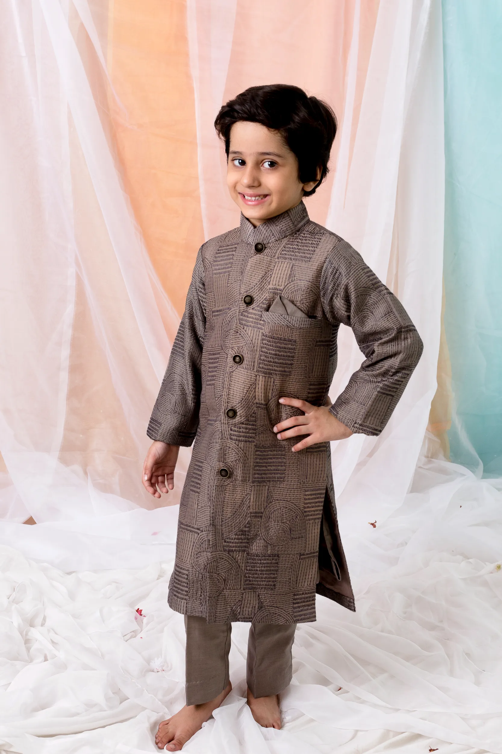 Brown Cotton Silk Kurta Sherwani Pants Set with threadwork and pocket square from Golden Muslin By Choti Buti
