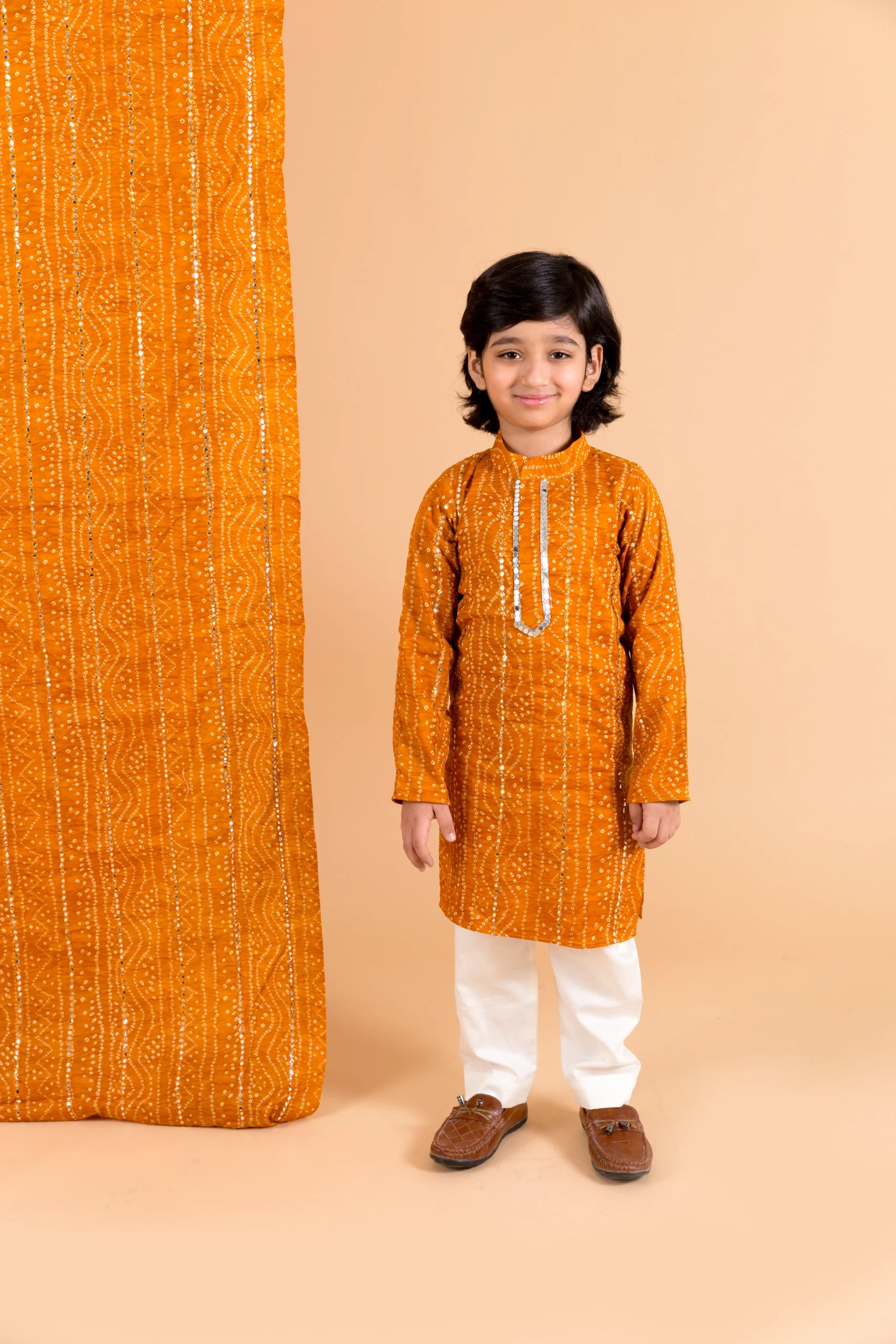 Mustard Bandhani Kurta Set with mirror detailing from Golden Muslin By Choti Buti