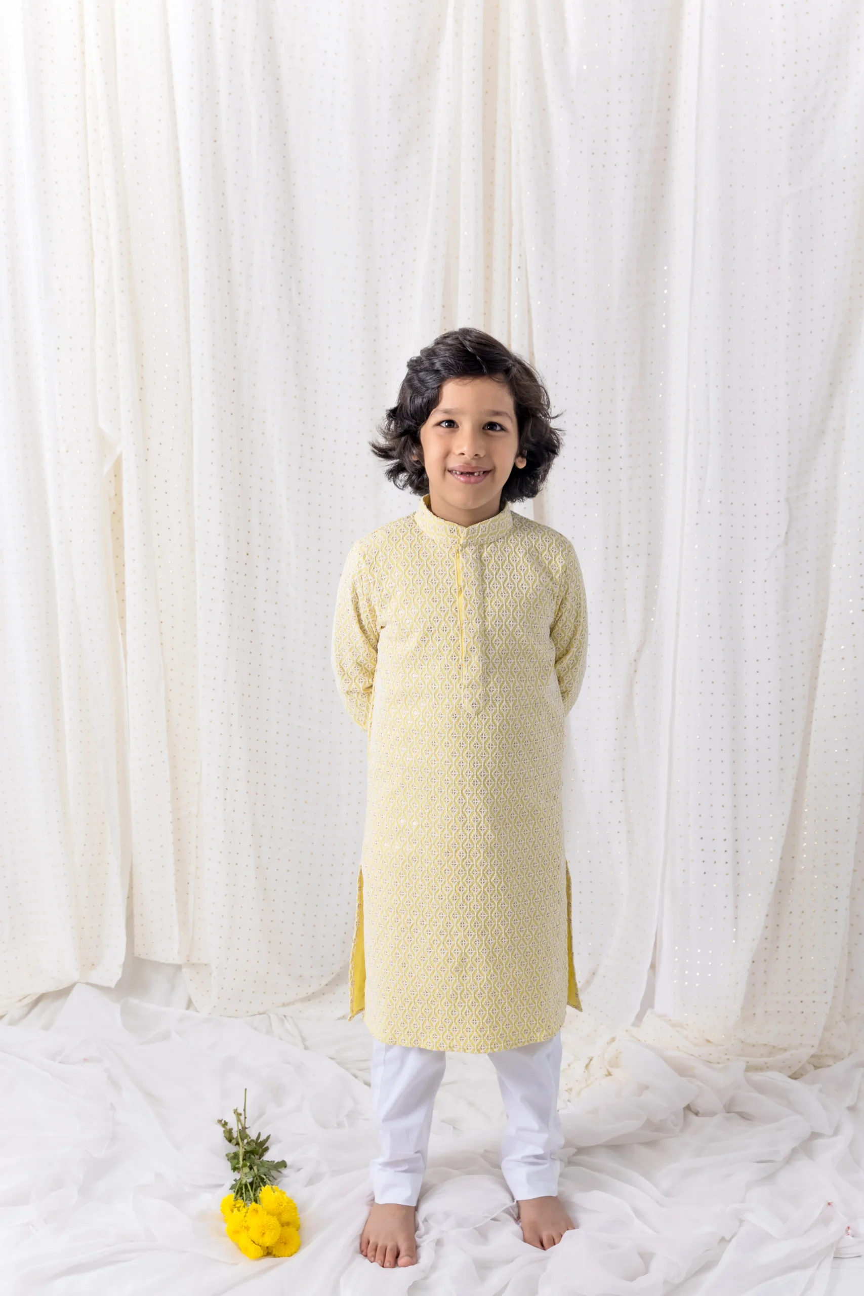 Lemon Sequin and Thread Work Kurta Set with cotton pants from Golden Muslin By Choti Buti