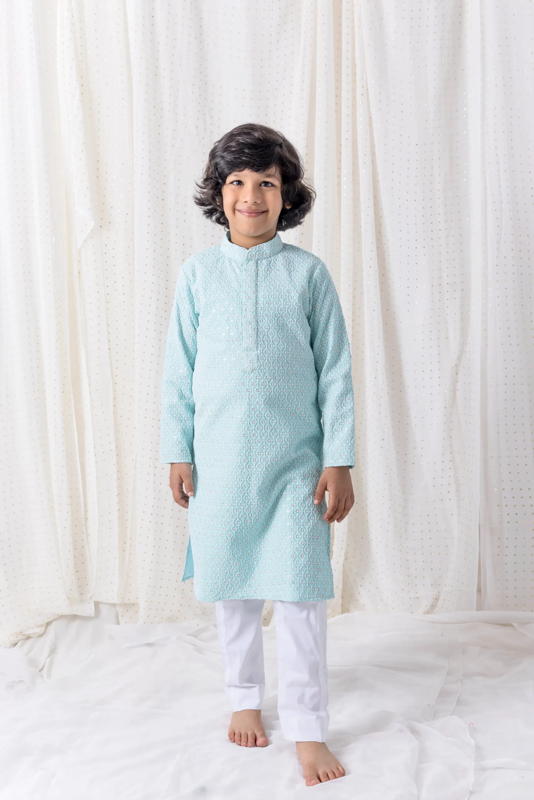 Ice Blue Sequin and Thread Work Kurta Set with cotton pants from Golden Muslin By Choti Buti