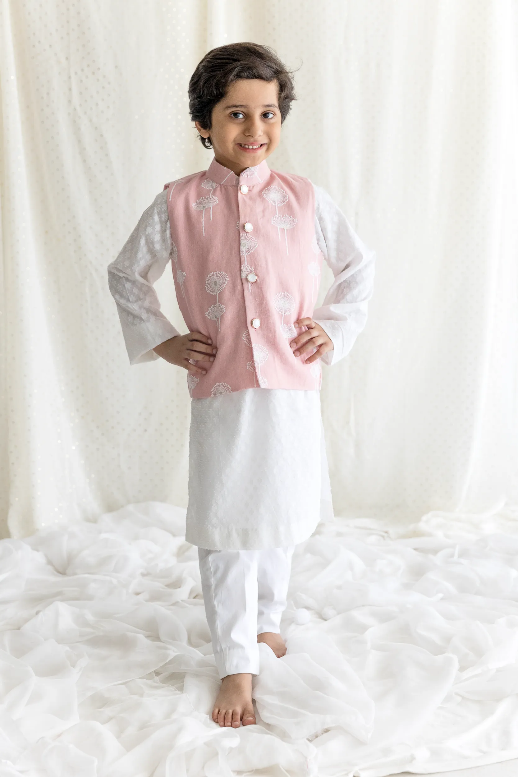 Pink Linen Jacket Kurta Set with embroidery from Golden Muslin By Choti Buti