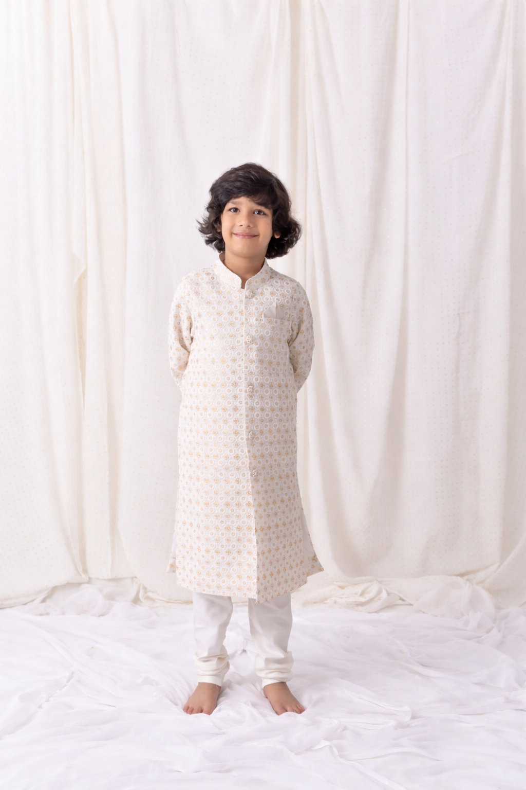 Ivory Thread and Sequin Work Sherwani with cotton silk pants from Golden Muslin By Choti Buti