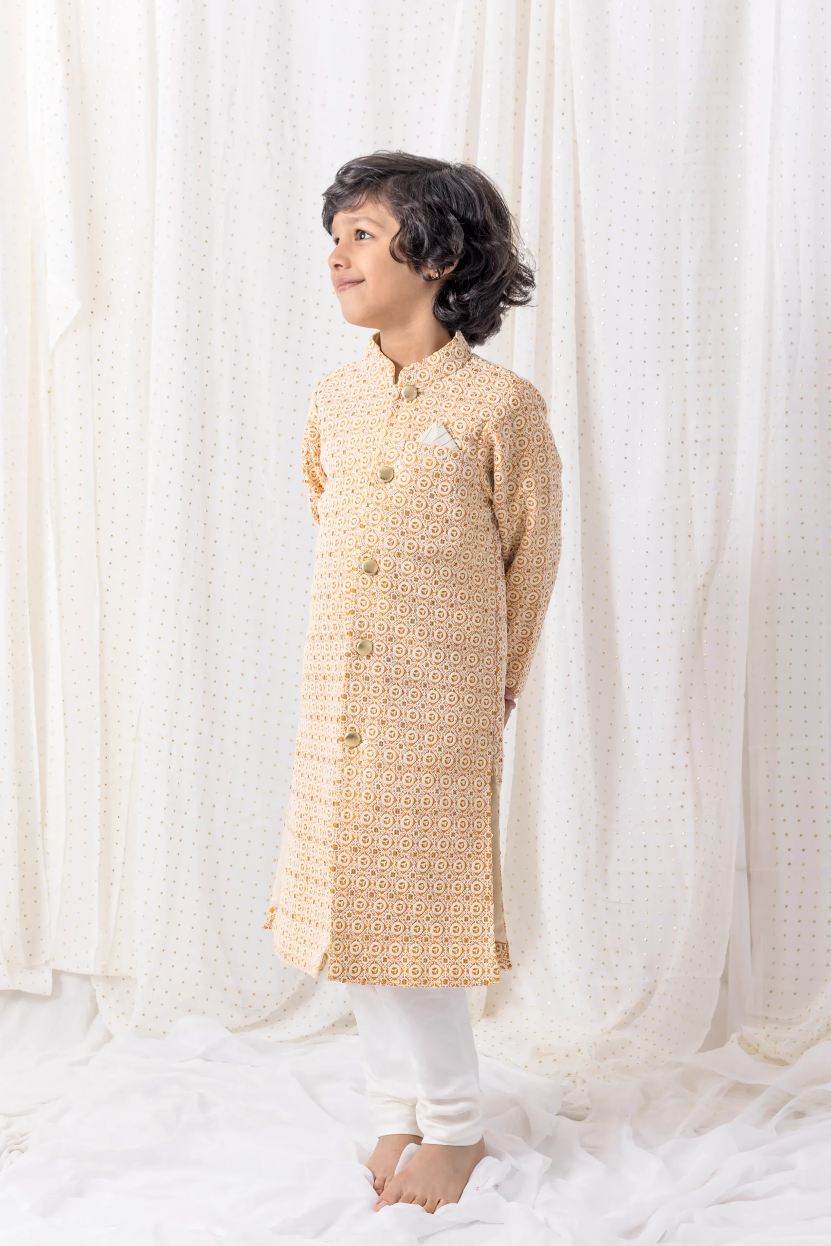 Mustard Thread and Sequin Work Sherwani with cotton silk pants from Golden Muslin By Choti Buti