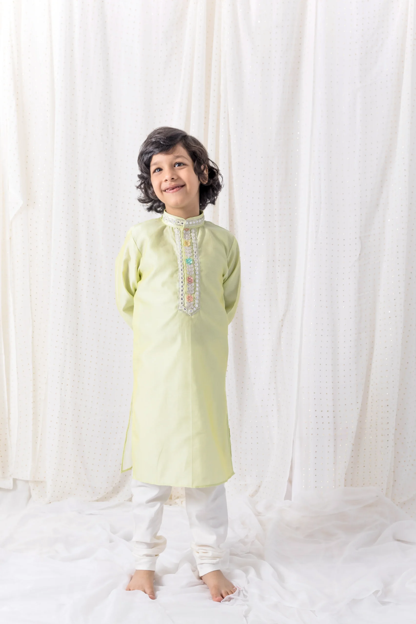 Pastel Green Organza Kurta with Cotton Silk Pants from Golden Muslin By Choti Buti
