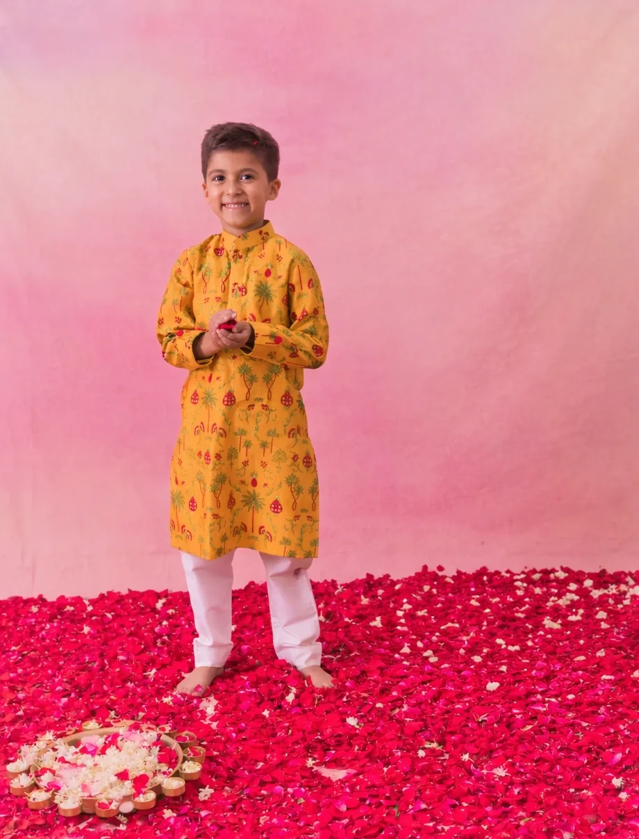Yellow Printed Chanderi Kurta Set with cotton lycra pants from Golden Muslin By Choti Buti