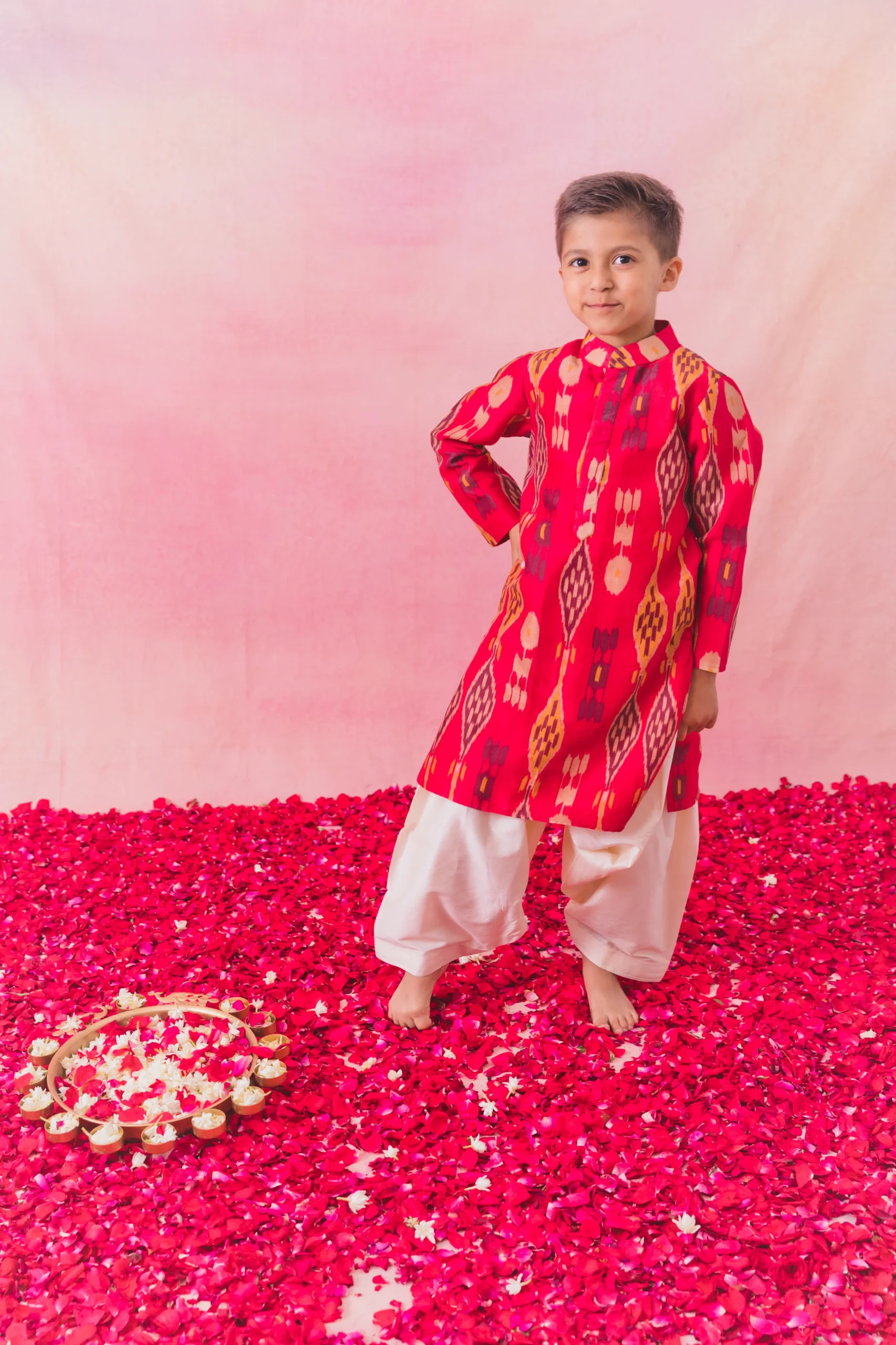 Red Printed Chanderi Kurta Set with cotton silk salwar from Golden Muslin By Choti Buti
