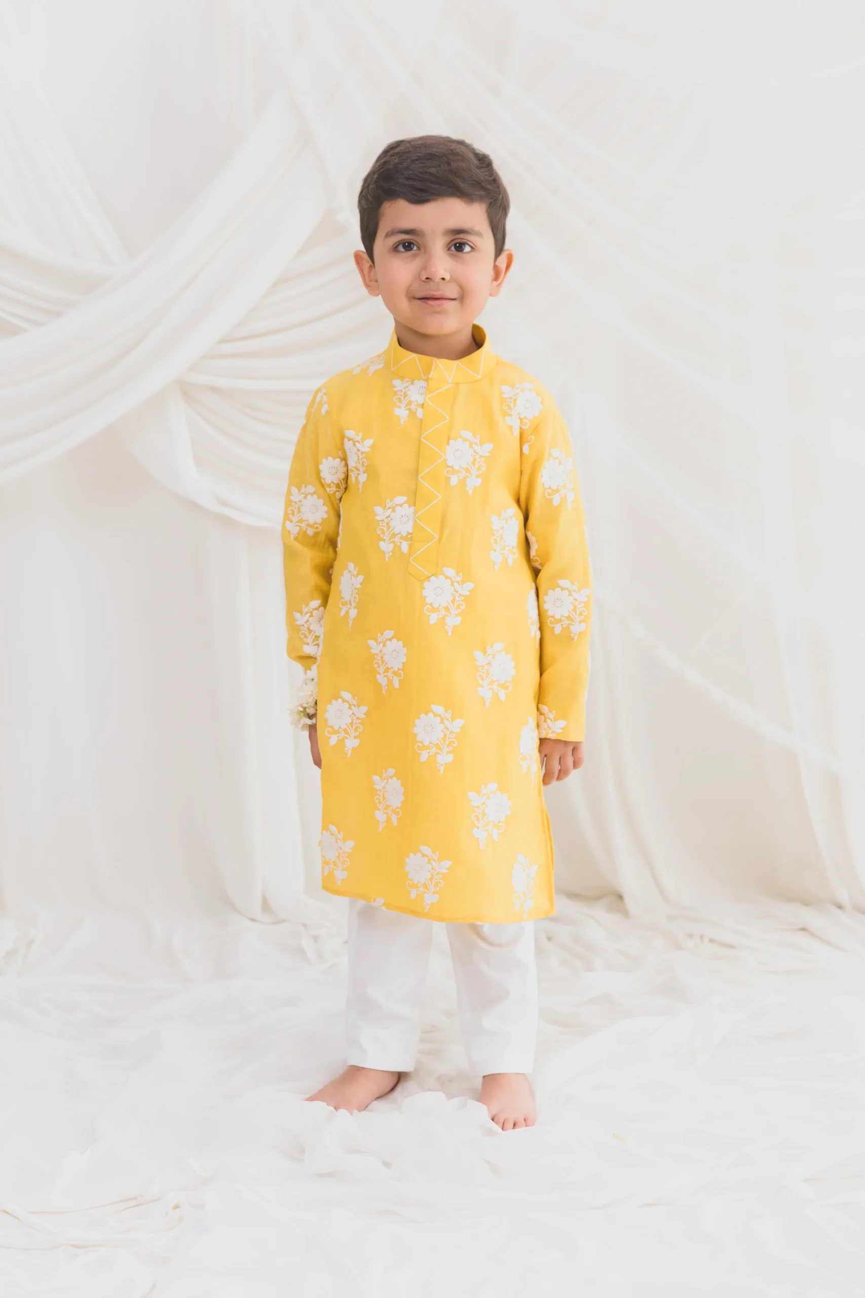 Yellow Embroidered Mul Chanderi Kurta Set with cotton pants from Golden Muslin By Choti Buti