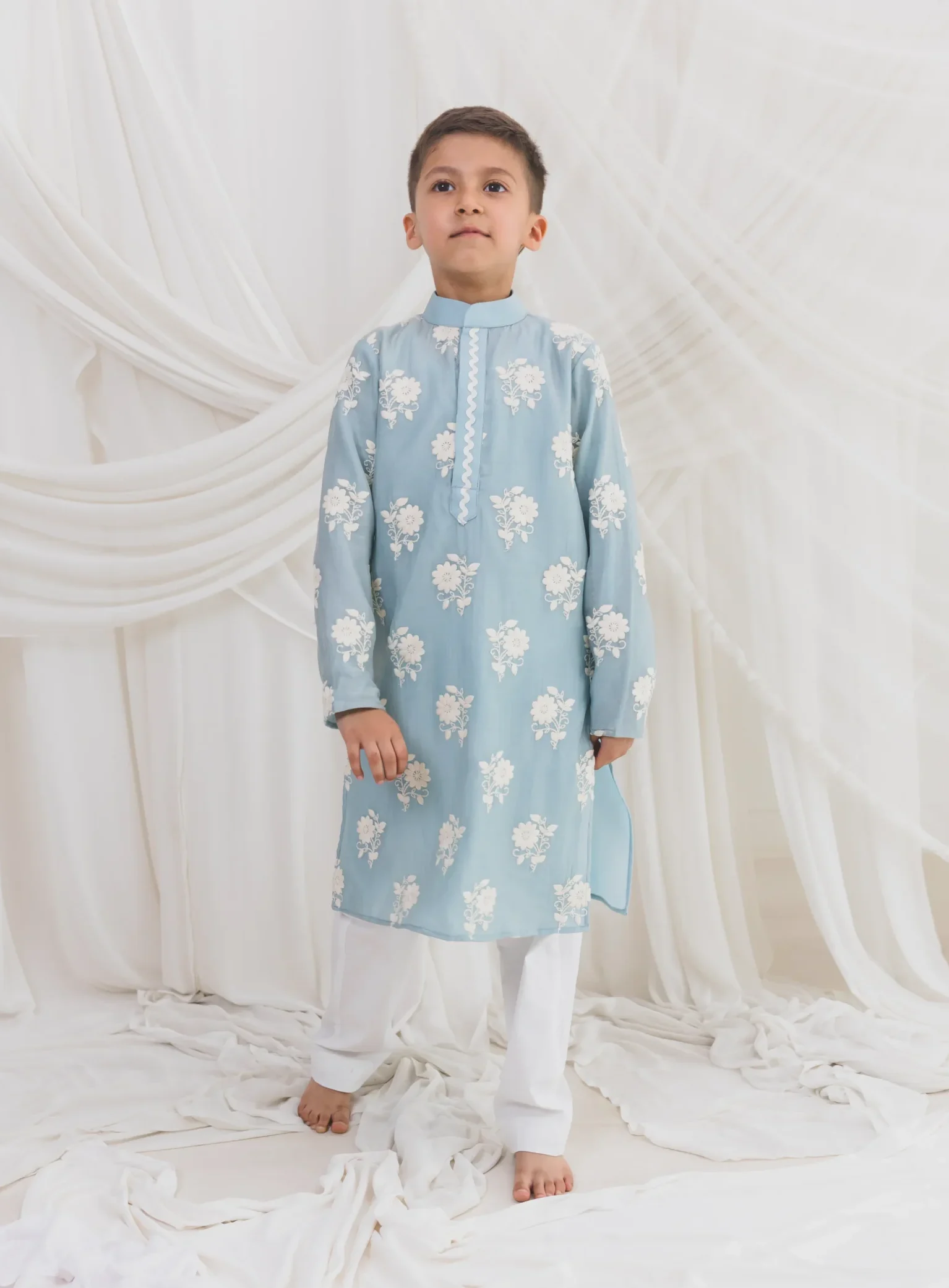 Blue Embroidered Mul Chanderi Kurta Set with cotton pants from Golden Muslin By Choti Buti