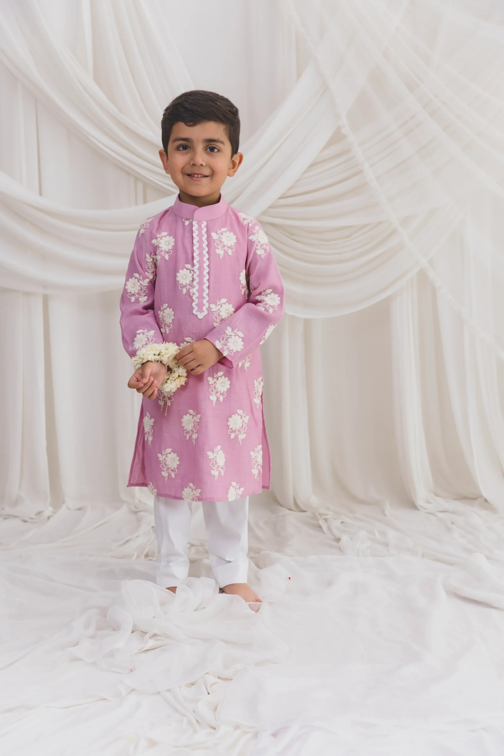 Pink Embroidered Mul Chanderi Kurta Set with cotton pants from Golden Muslin By Choti Buti