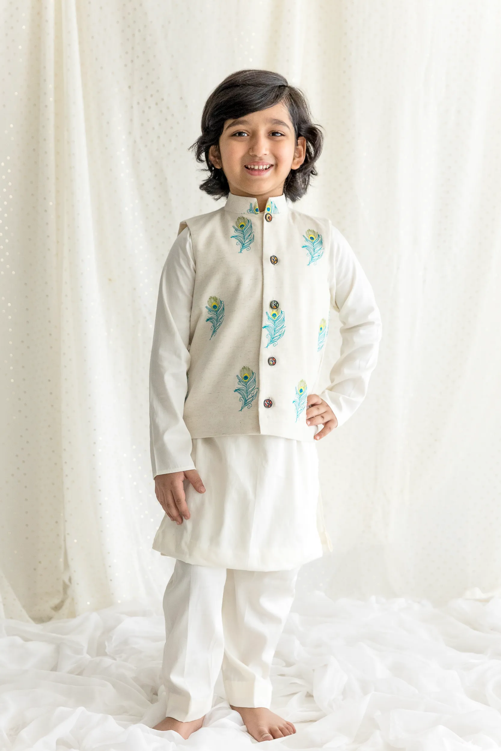 Glazed Cotton Kurta Jacket Set with peacock embroidery from Golden Muslin By Choti Buti