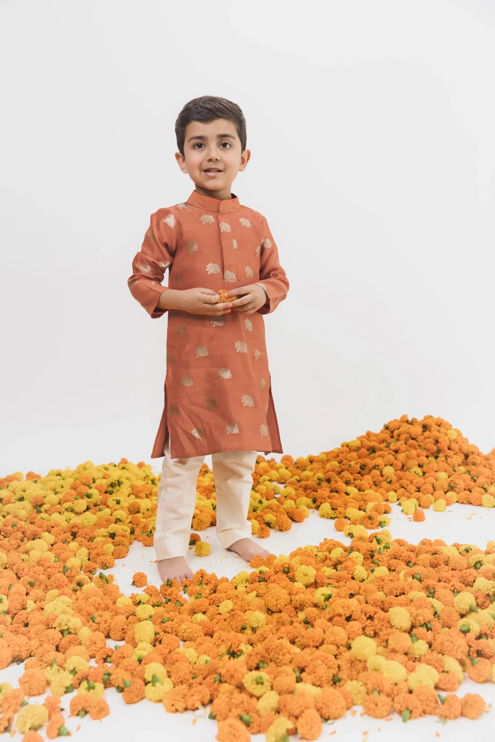 Orange Chanderi Kurta Set for Boys with Off-White Pants from Golden Muslin By Choti Buti